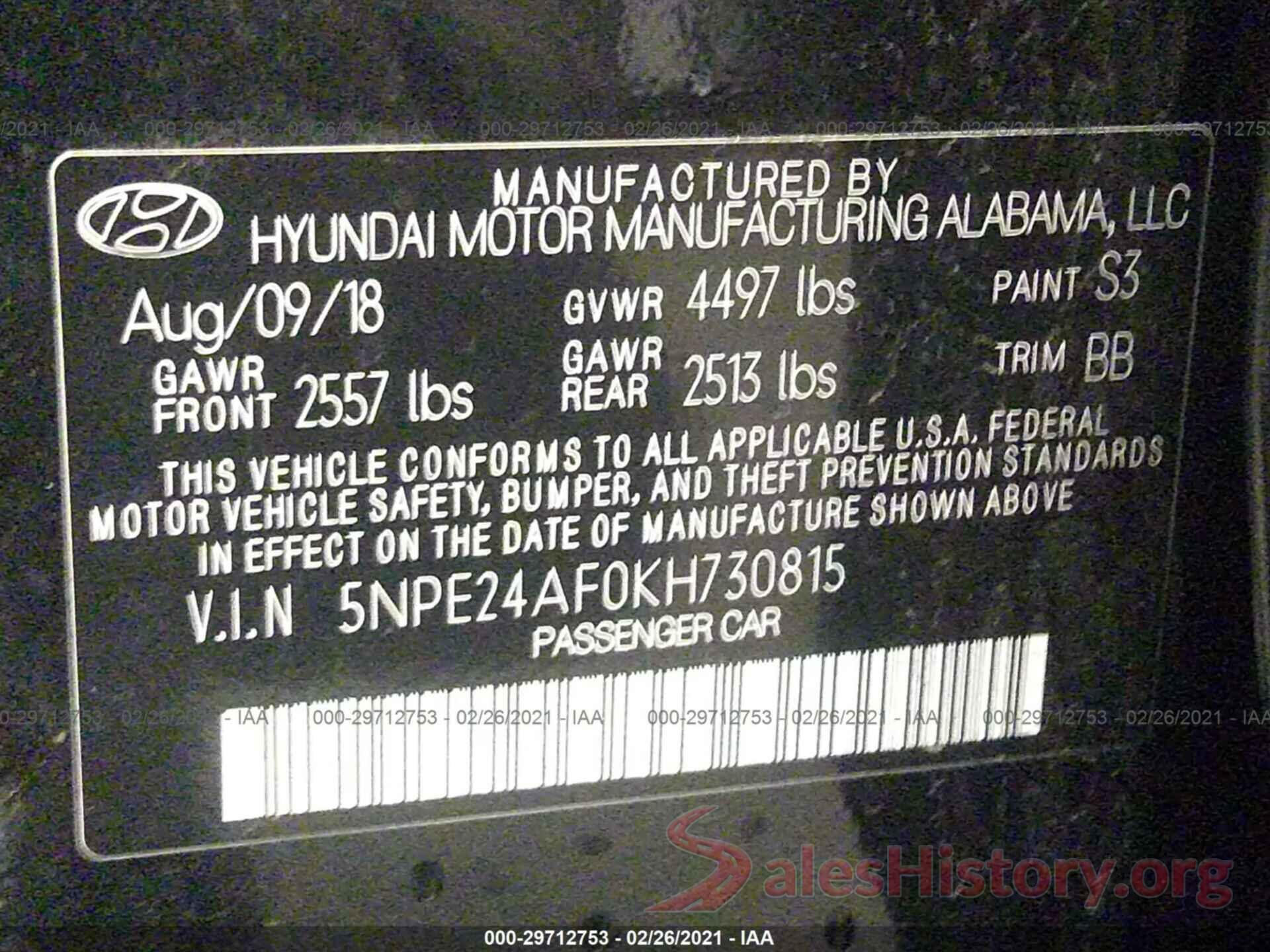 5NPE24AF0KH730815 2019 HYUNDAI SONATA