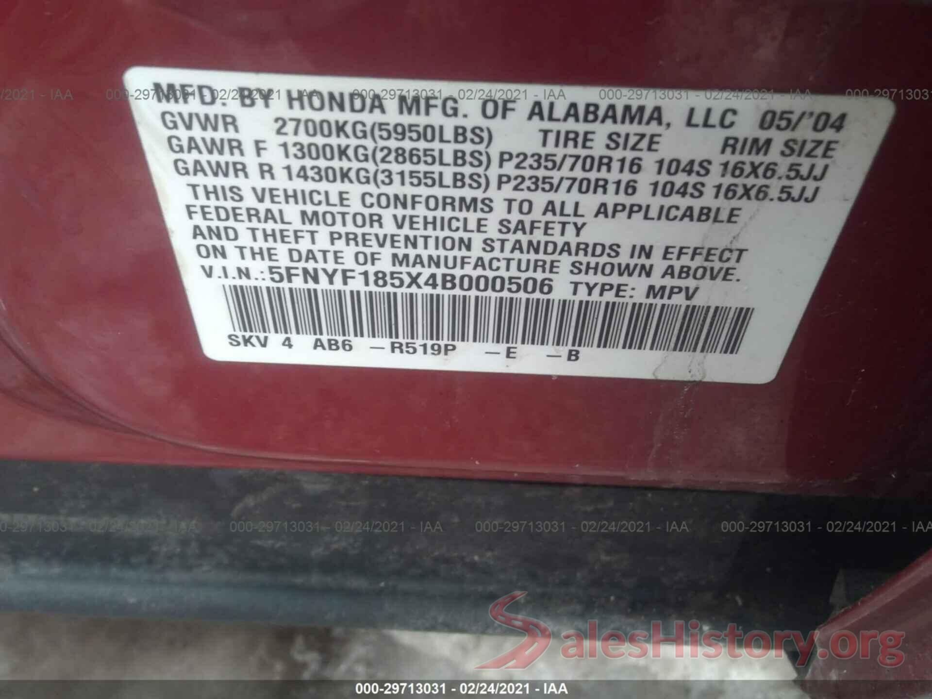 5TFEM5F18GX100078 2004 HONDA PILOT