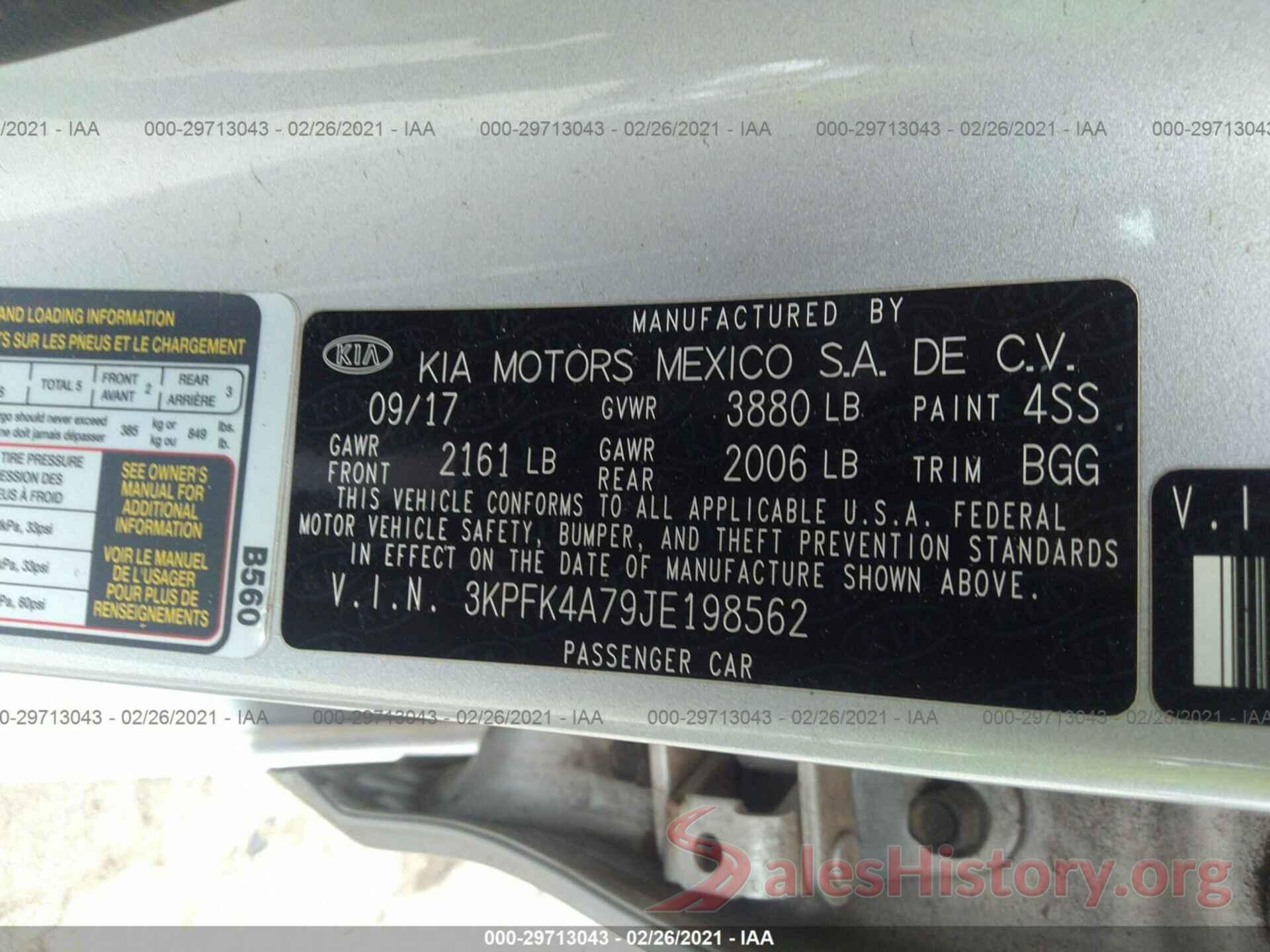 3KPFK4A79JE198562 2018 KIA FORTE