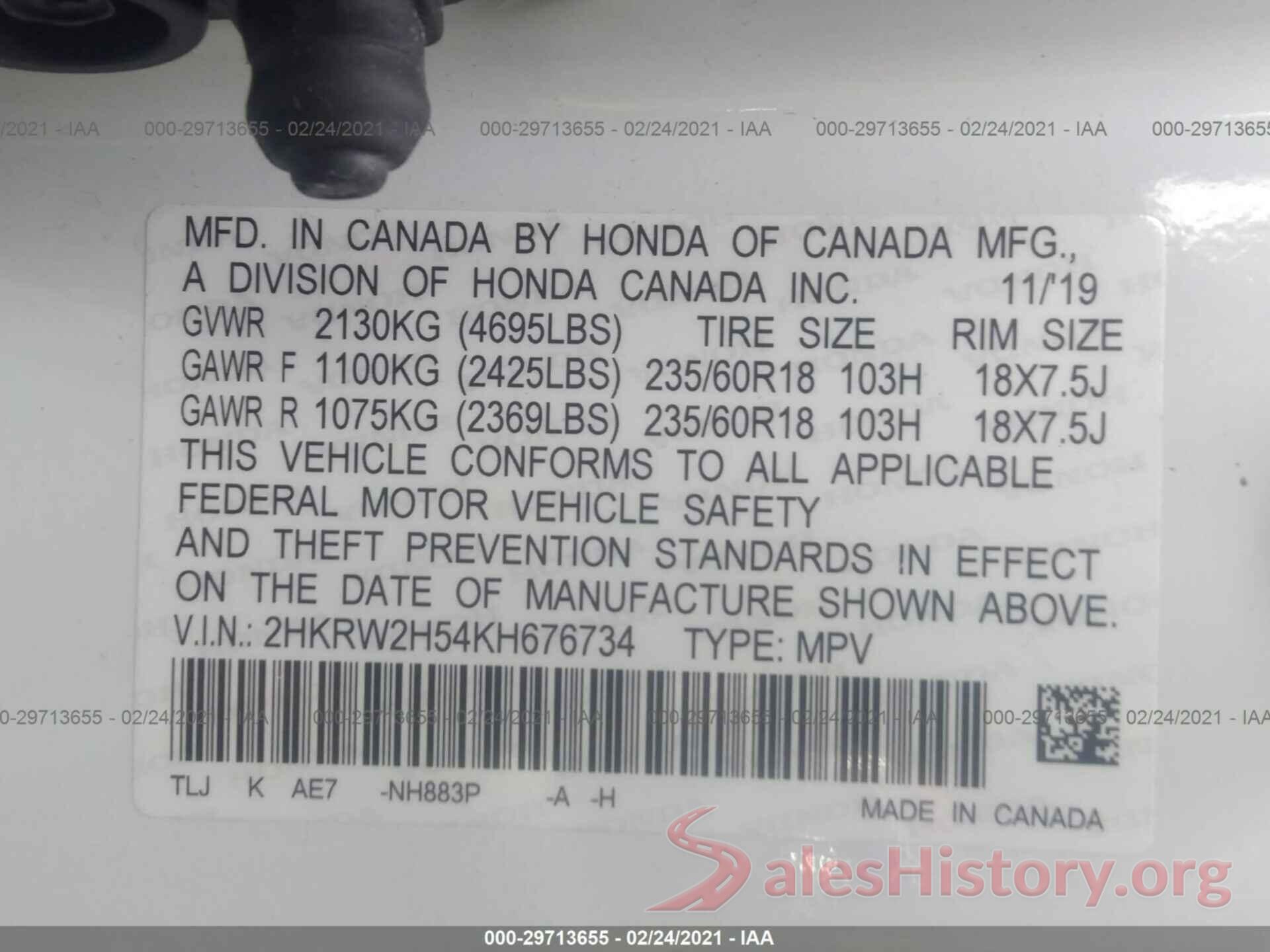 2HKRW2H54KH676734 2019 HONDA CR-V