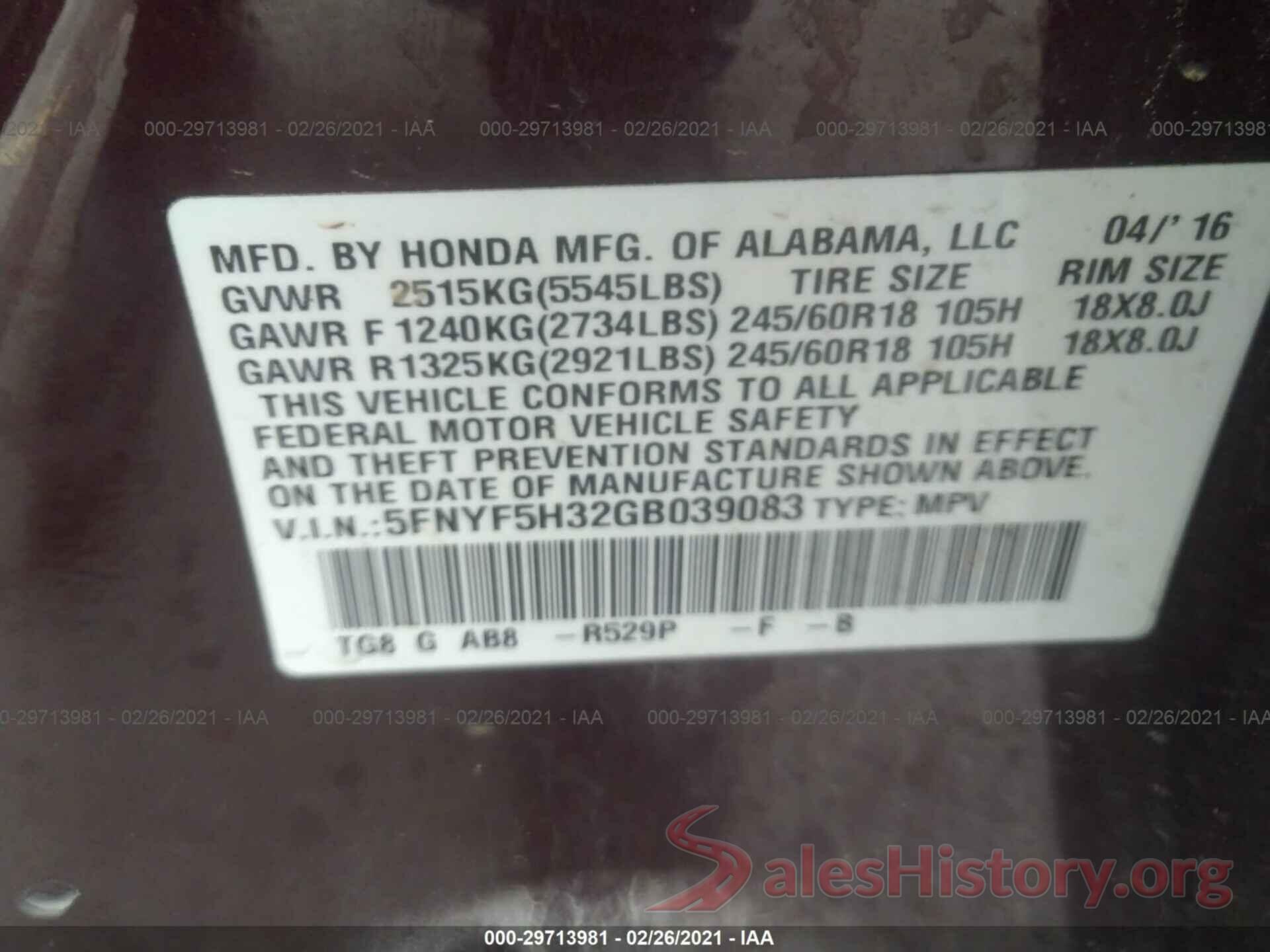 5FNYF5H32GB039083 2016 HONDA PILOT