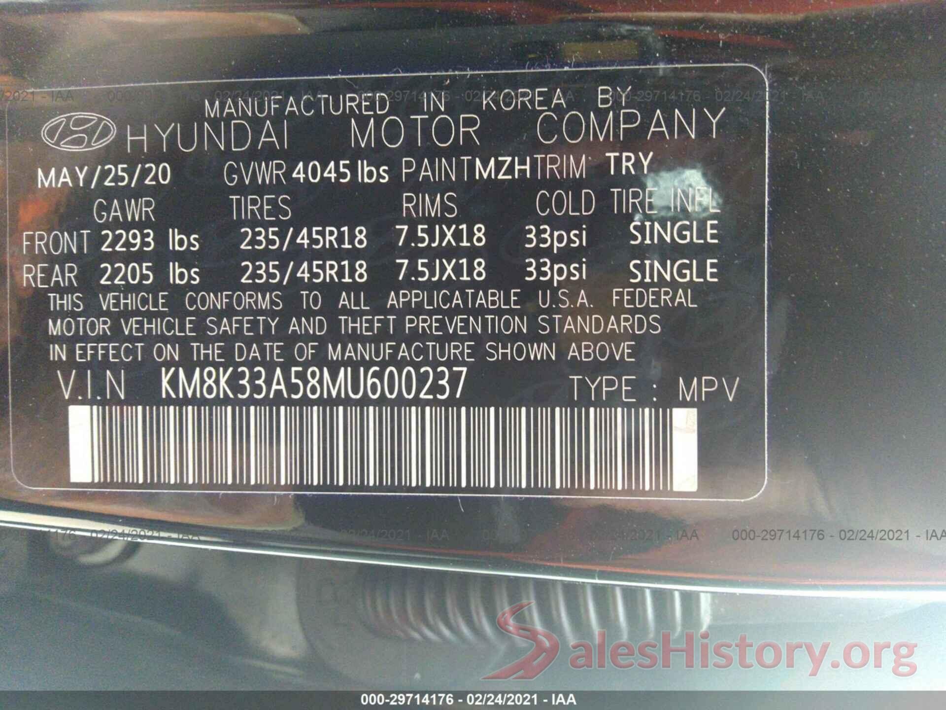 KM8K33A58MU600237 2021 HYUNDAI KONA