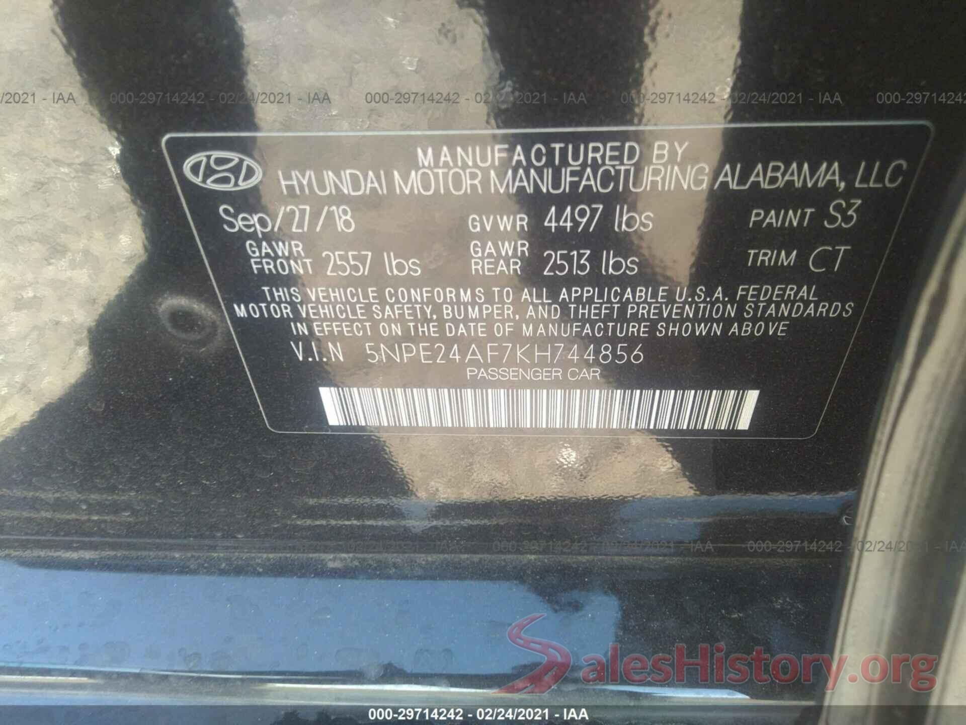 5NPE24AF7KH744856 2019 HYUNDAI SONATA