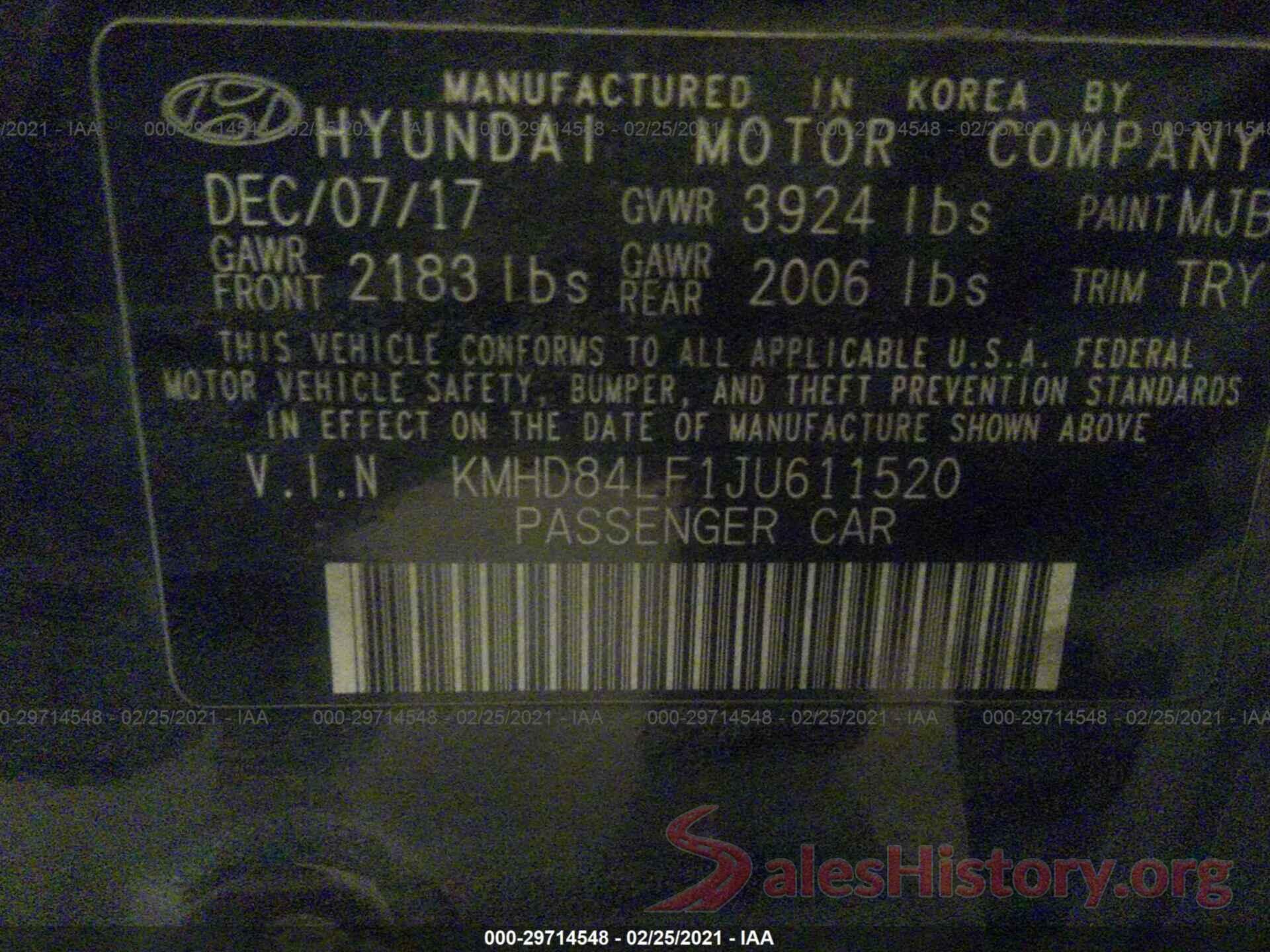 KMHD84LF1JU611520 2018 HYUNDAI ELANTRA