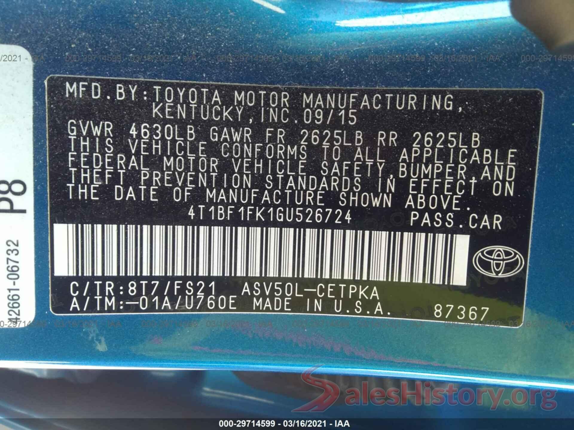 4T1BF1FK1GU526724 2016 TOYOTA CAMRY