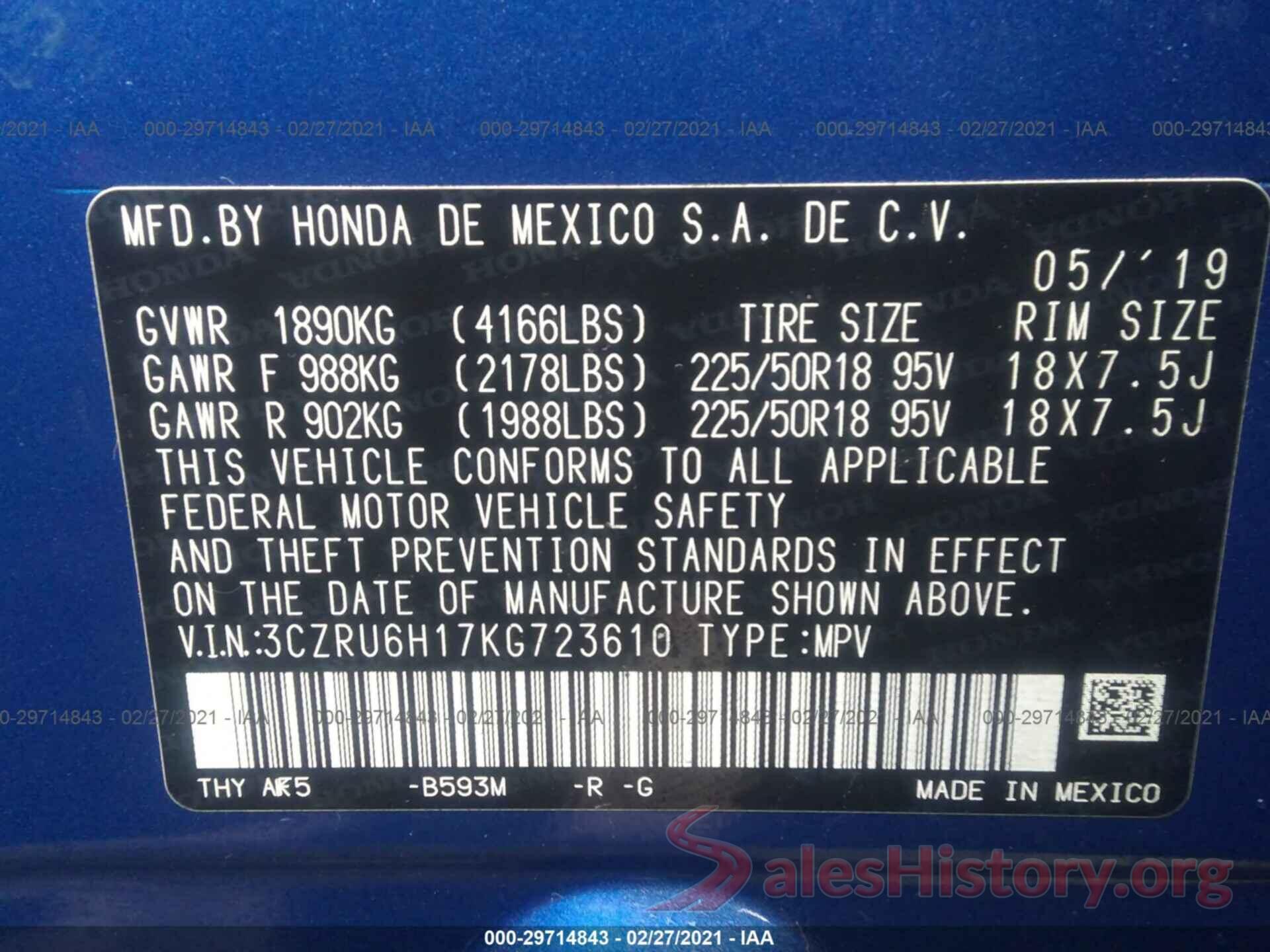 3CZRU6H17KG723610 2019 HONDA HR-V