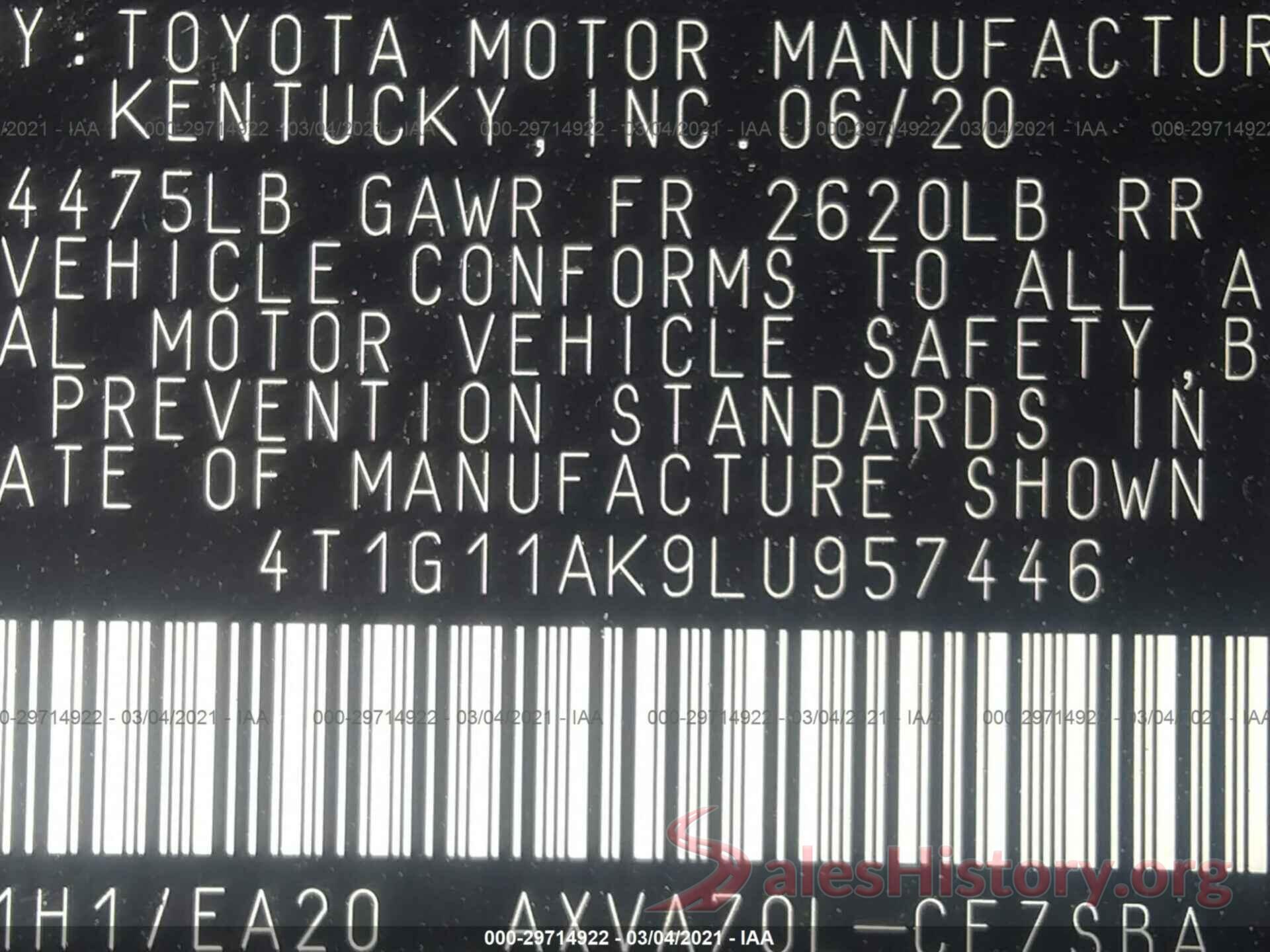 4T1G11AK9LU957446 2020 TOYOTA CAMRY