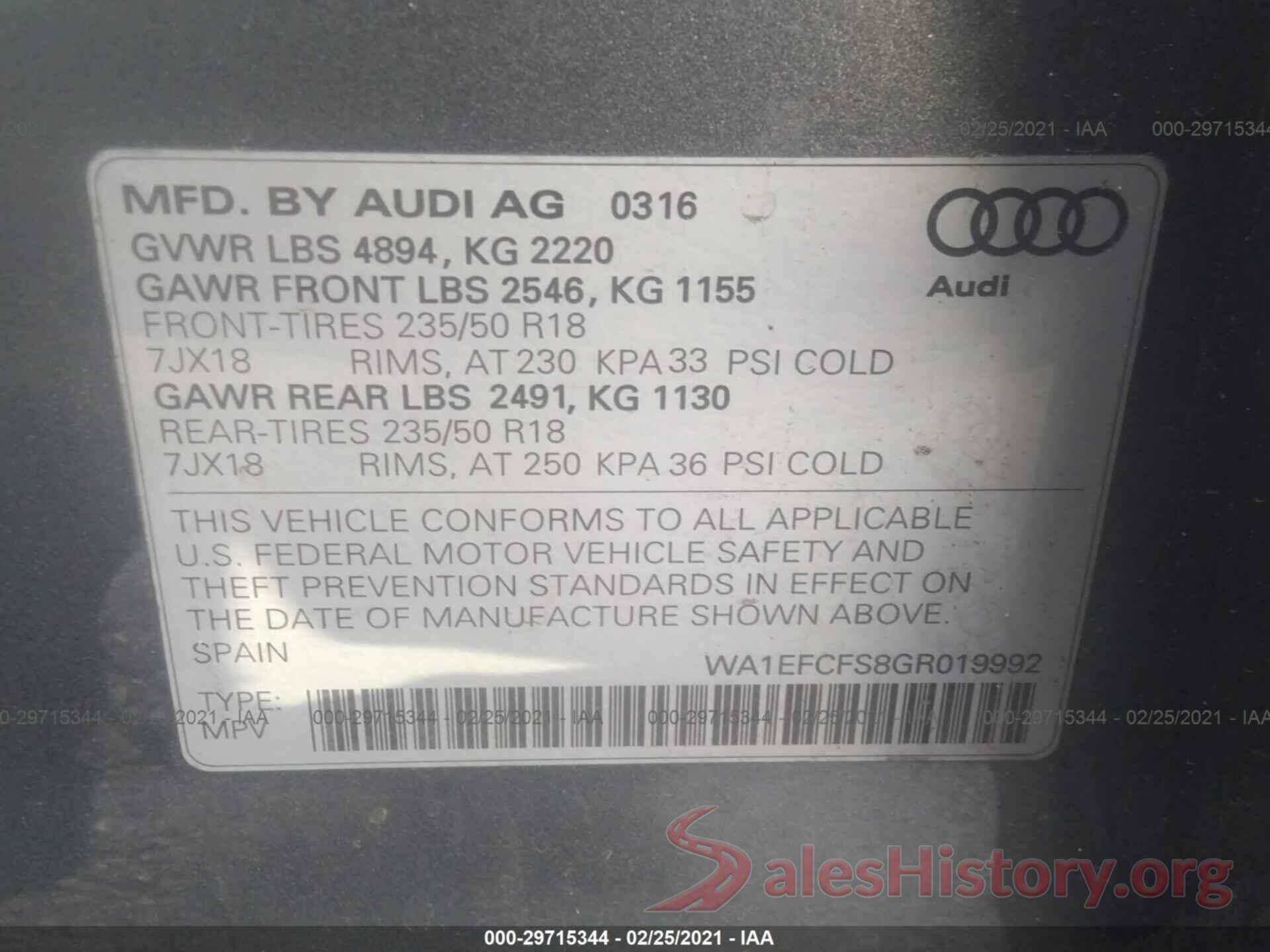 WA1EFCFS8GR019992 2016 AUDI Q3