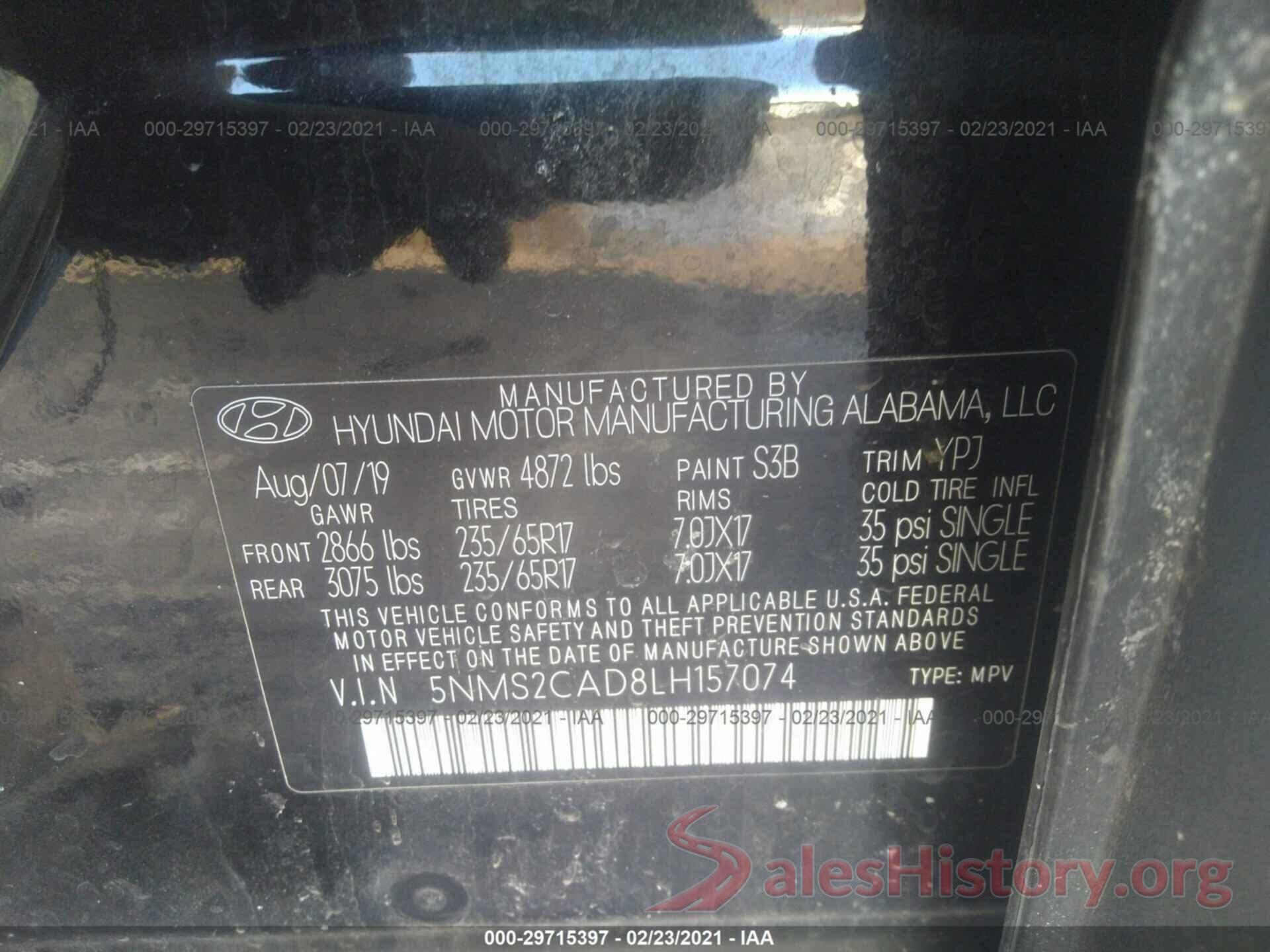 5NMS2CAD8LH157074 2020 HYUNDAI SANTA FE