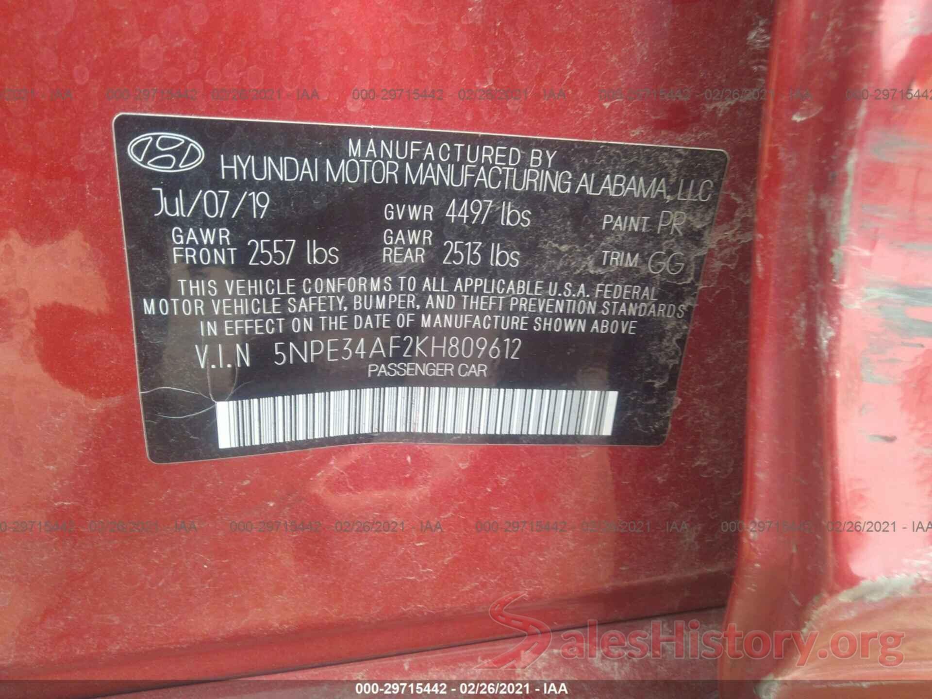 5NPE34AF2KH809612 2019 HYUNDAI SONATA