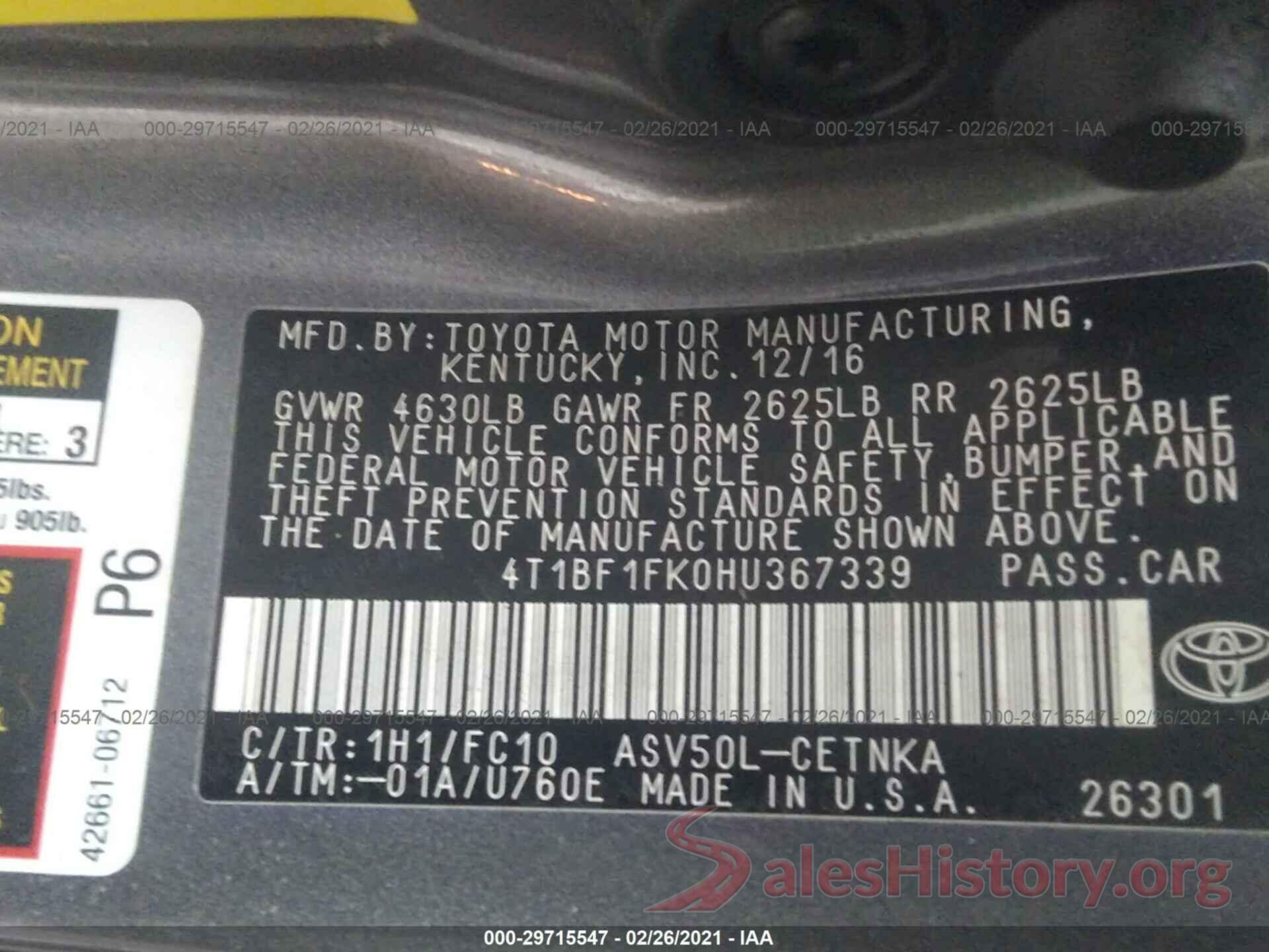 4T1BF1FK0HU367339 2017 TOYOTA CAMRY