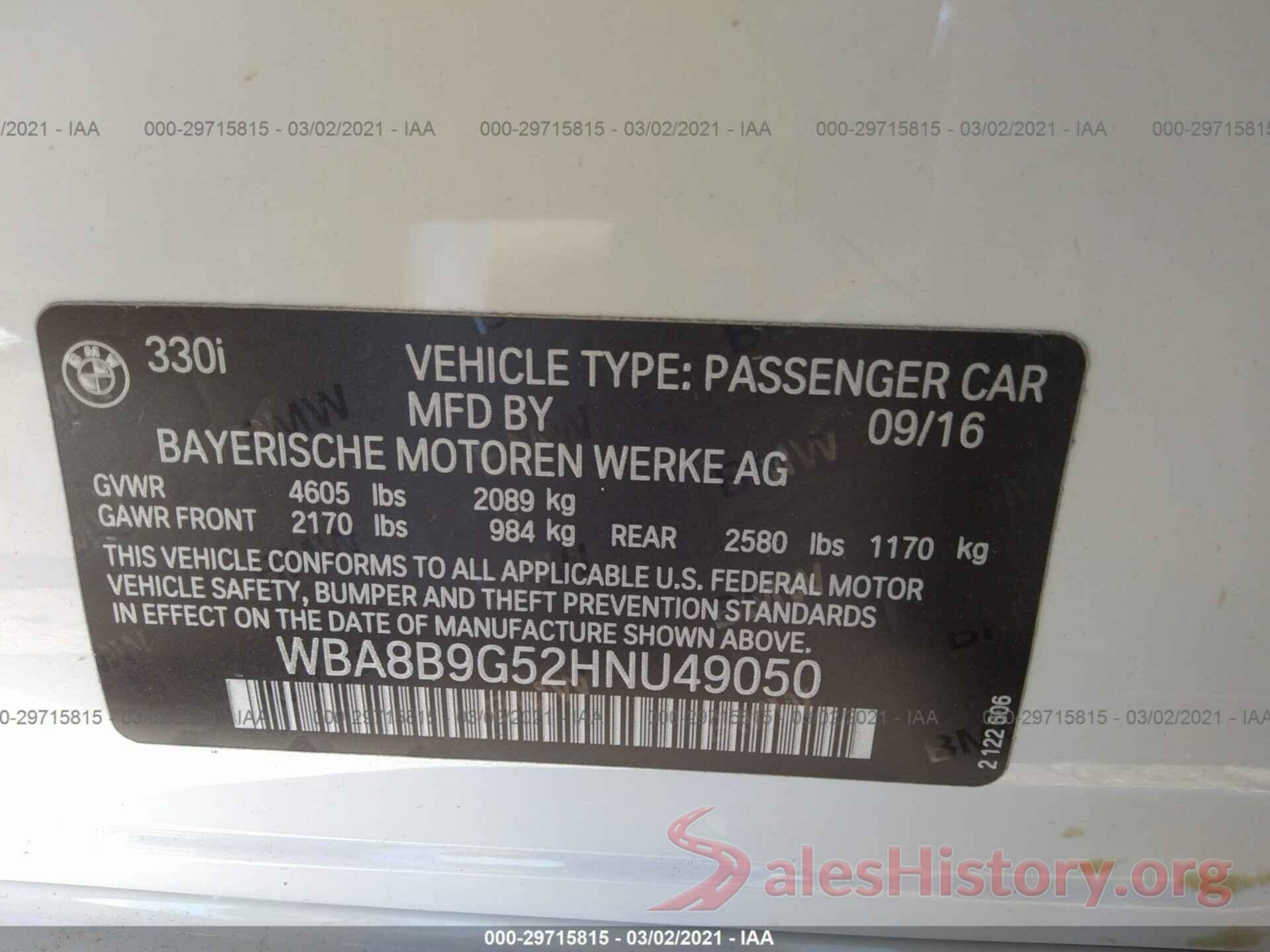 WBA8B9G52HNU49050 2017 BMW 3 SERIES