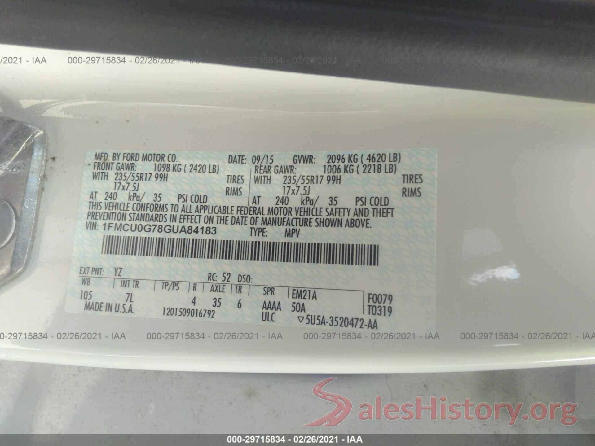 1FMCU0G78GUA84183 2016 FORD ESCAPE