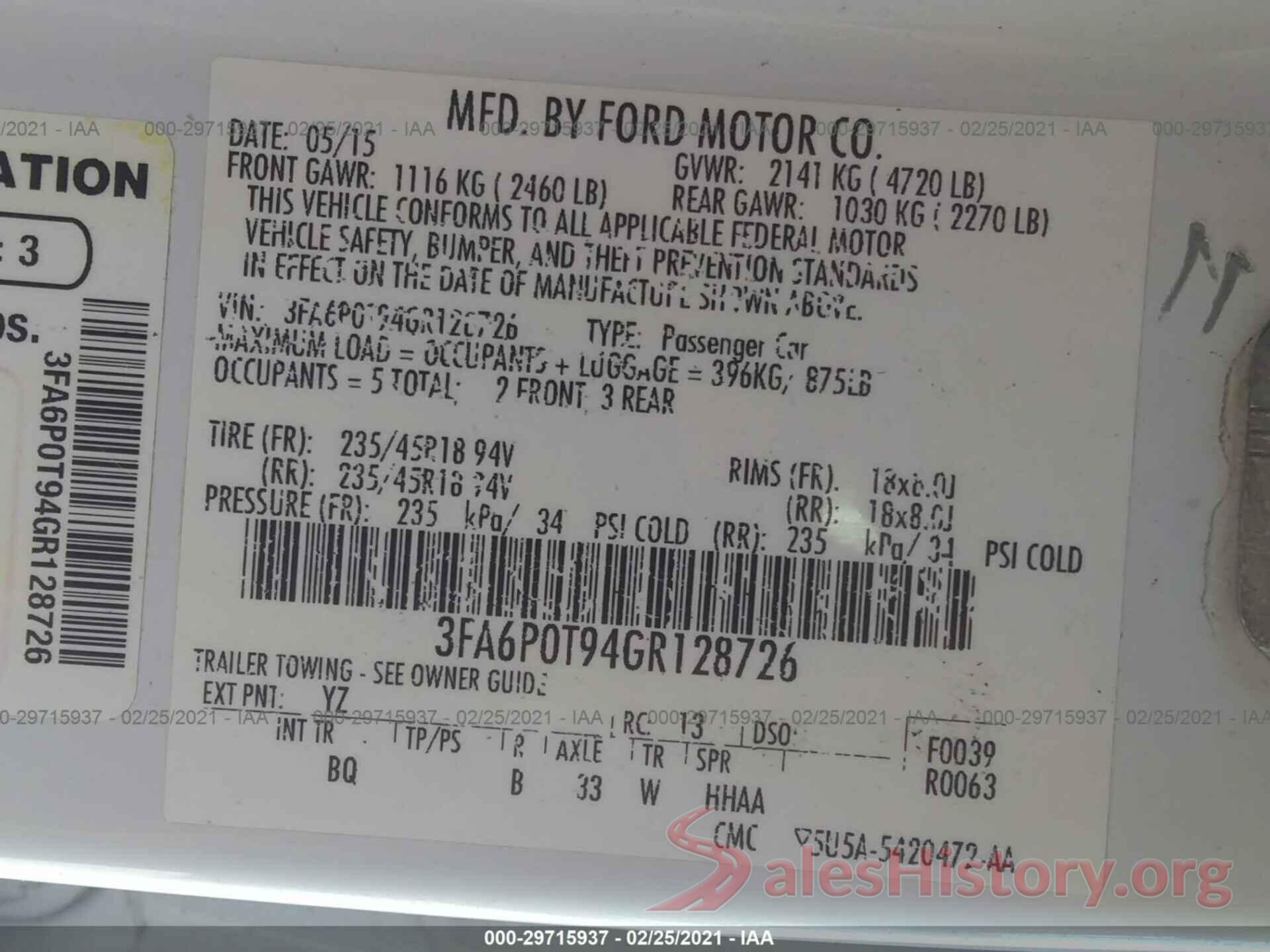 3FA6P0T94GR128726 2016 FORD FUSION