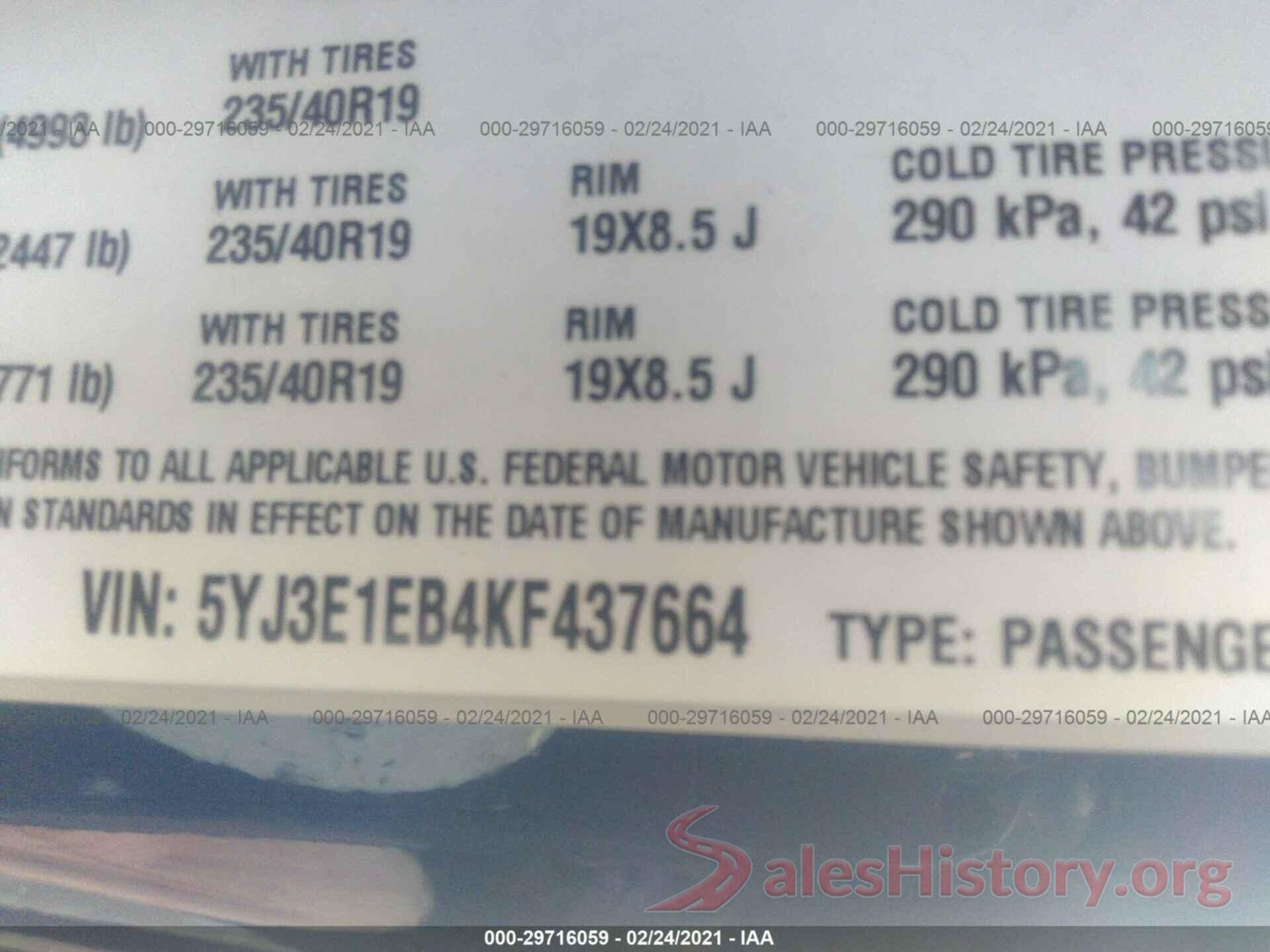 5YJ3E1EB4KF437664 2019 TESLA MODEL 3