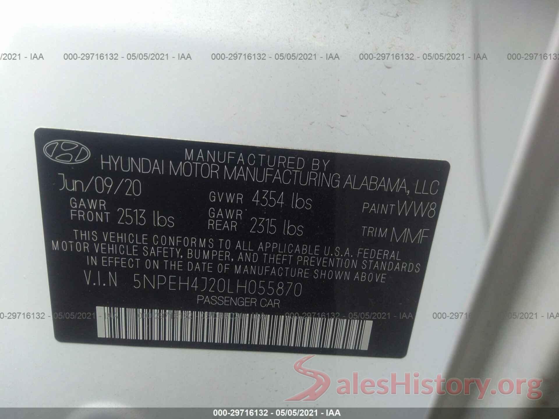 5NPEH4J20LH055870 2020 HYUNDAI SONATA