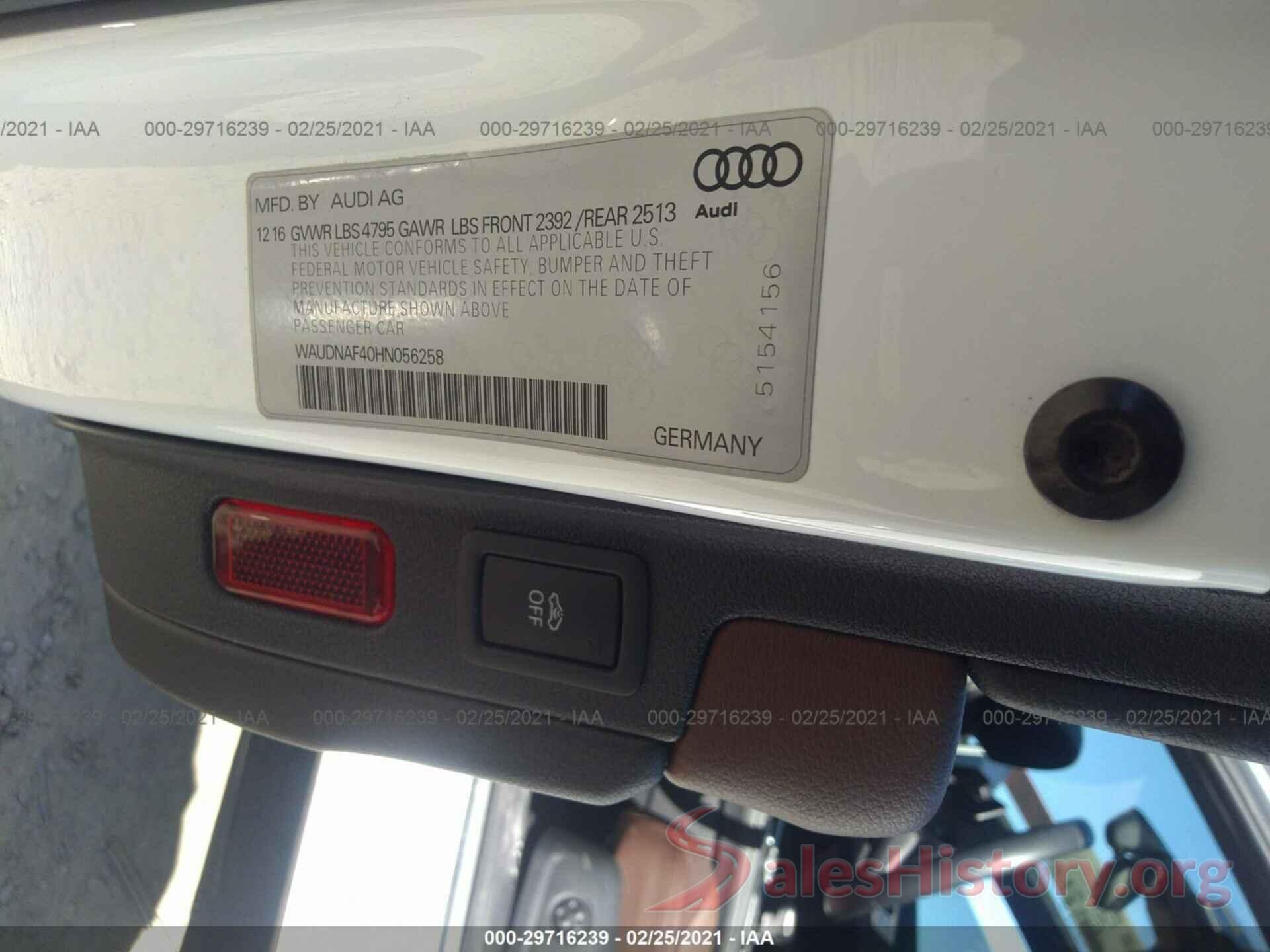 WAUDNAF40HN056258 2017 AUDI A4