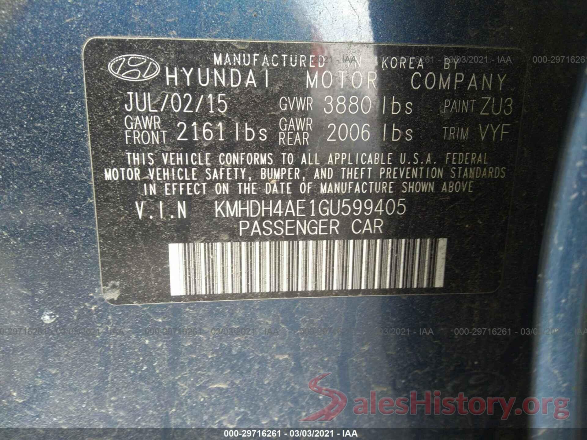 KMHDH4AE1GU599405 2016 HYUNDAI ELANTRA