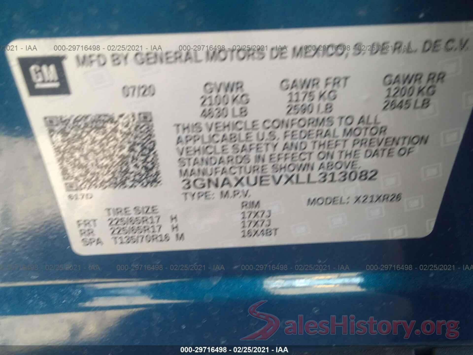 3GNAXUEVXLL313082 2020 CHEVROLET EQUINOX