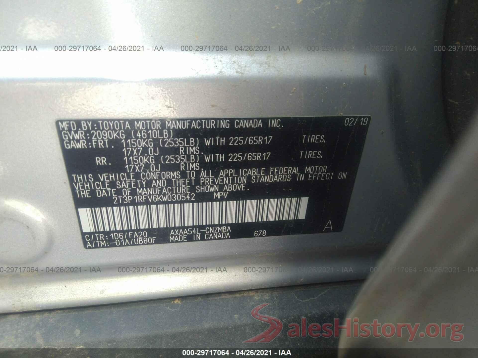 2T3P1RFV6KW030542 2019 TOYOTA RAV4