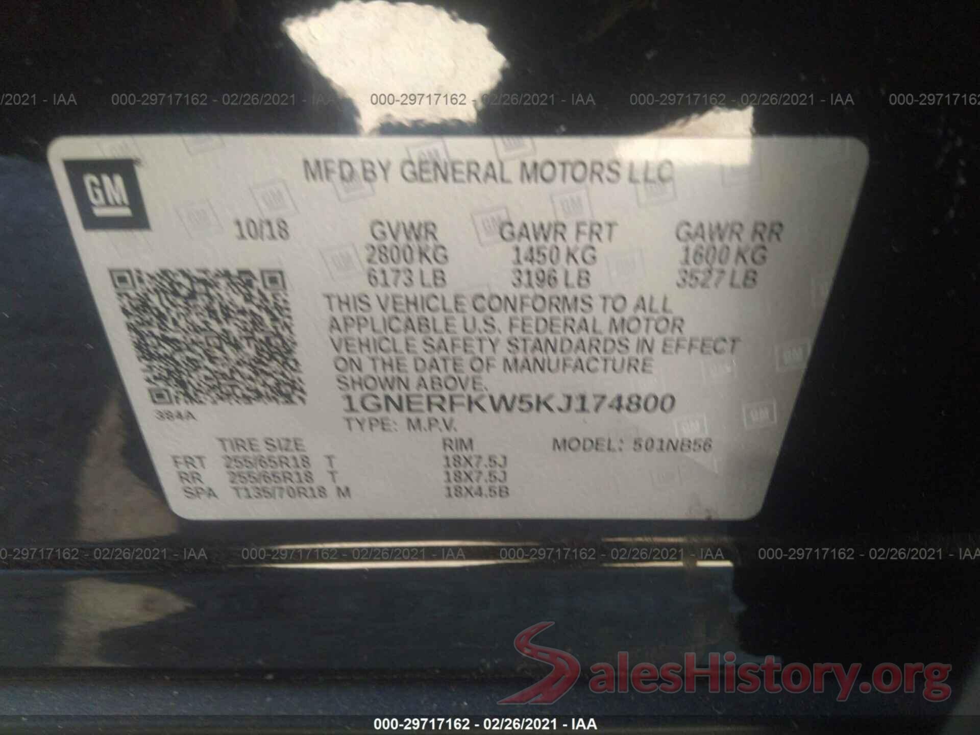 1GNERFKW5KJ174800 2019 CHEVROLET TRAVERSE