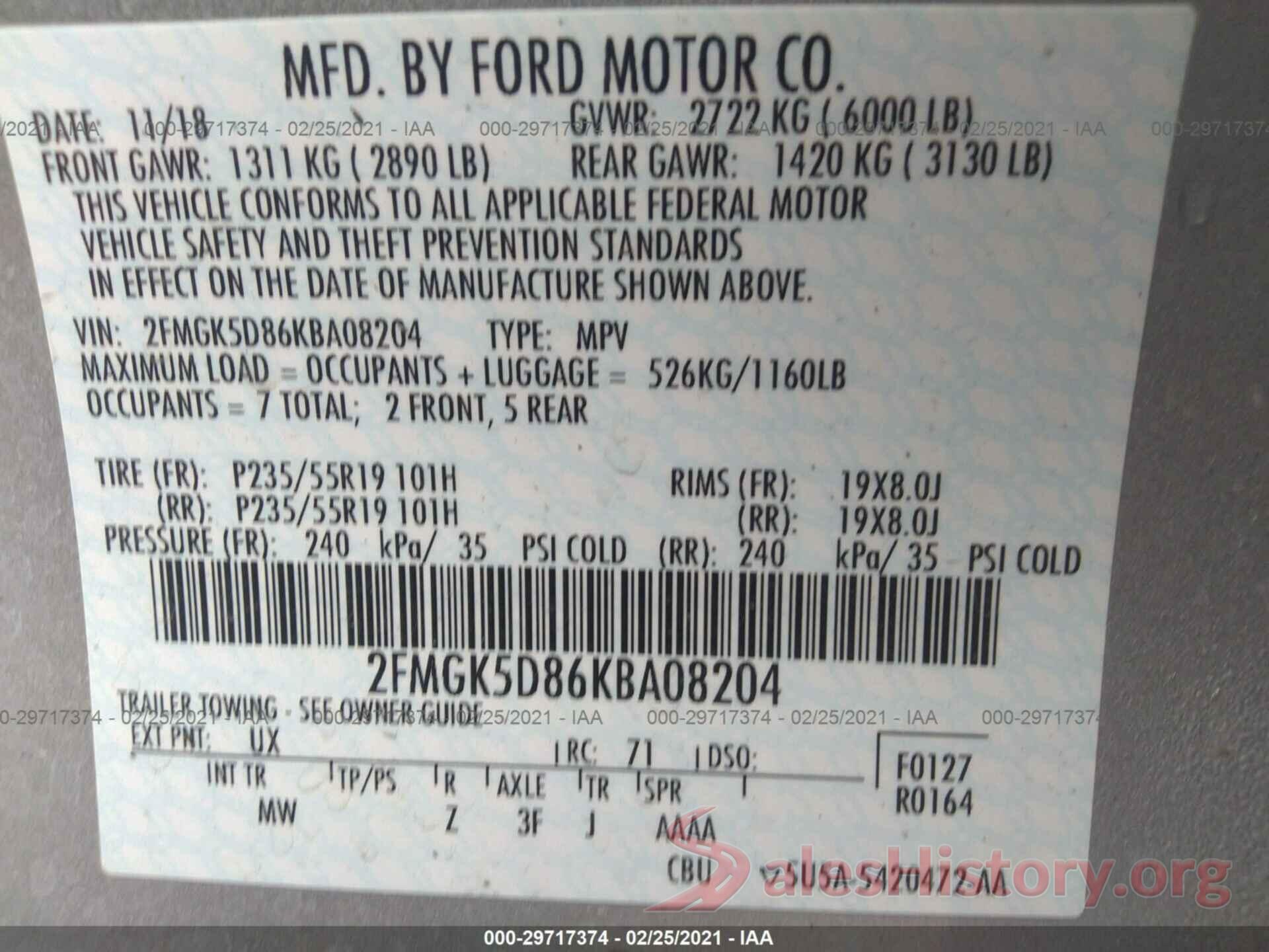 2FMGK5D86KBA08204 2019 FORD FLEX