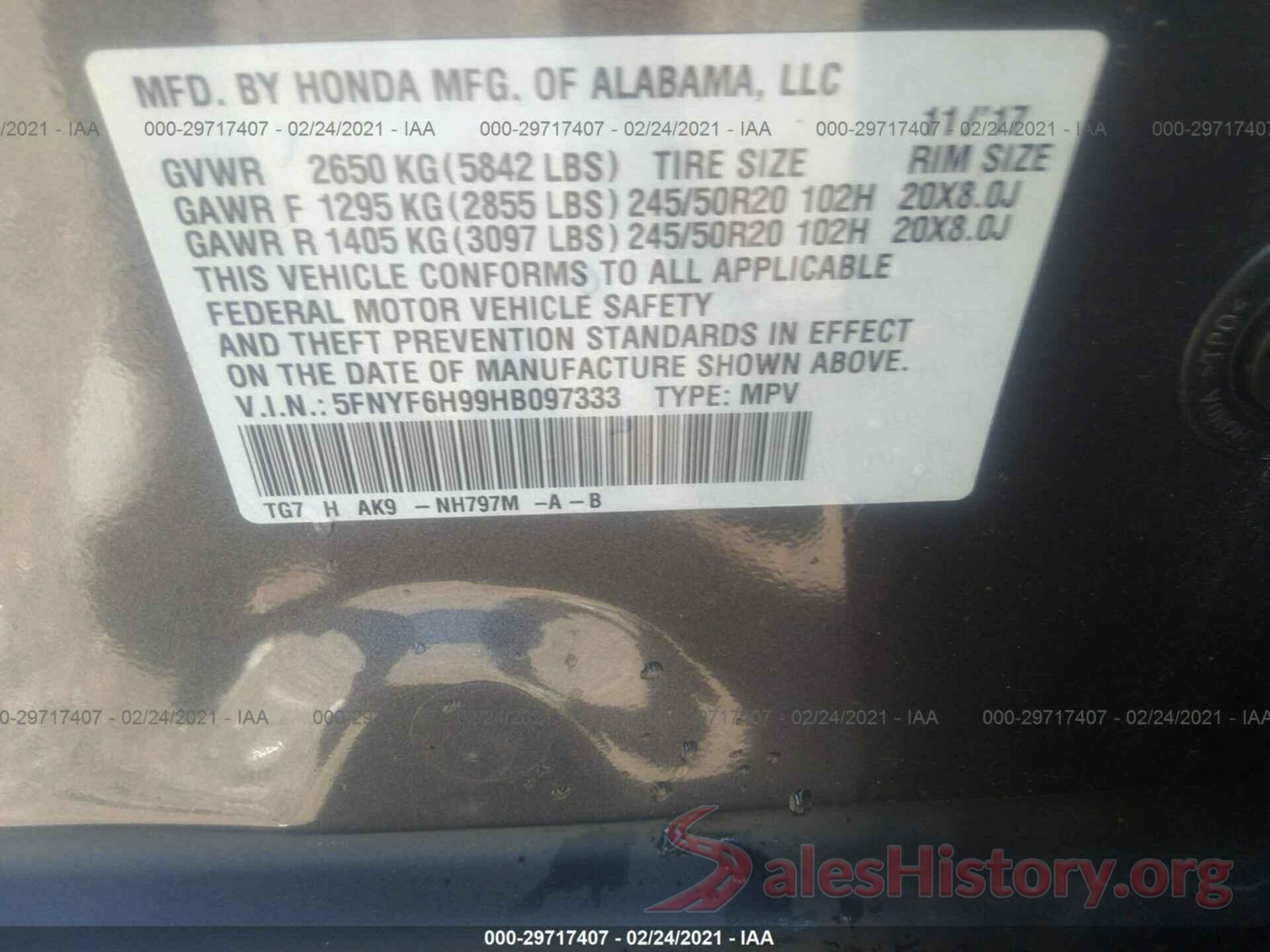 5FNYF6H99HB097333 2017 HONDA PILOT