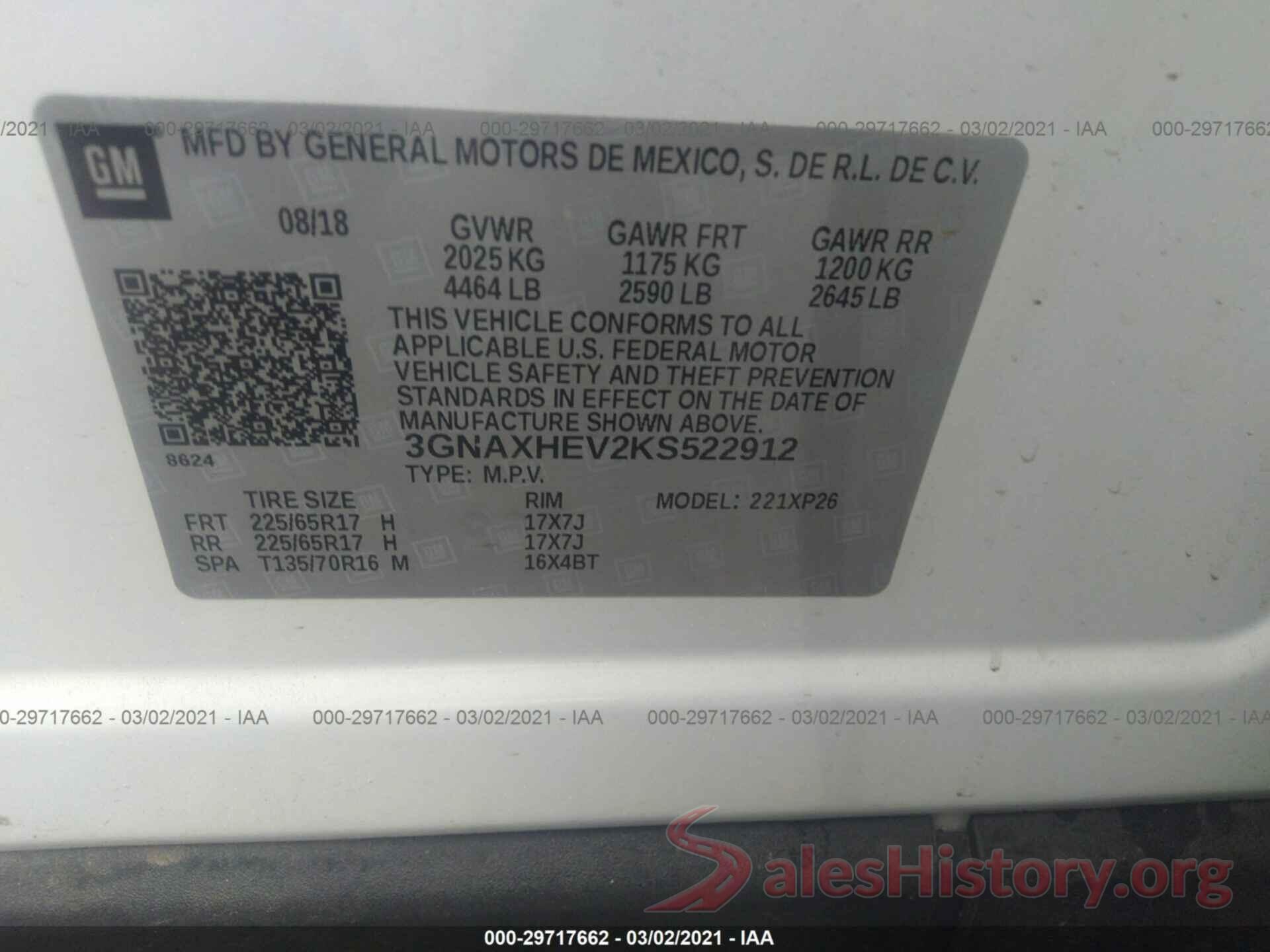 3GNAXHEV2KS522912 2019 CHEVROLET EQUINOX