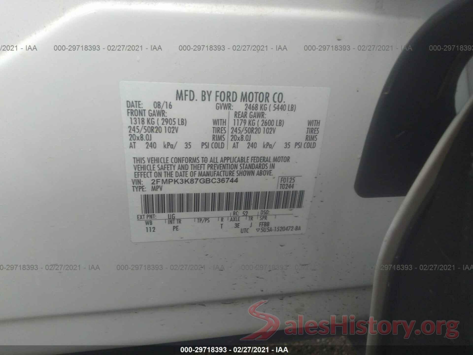 2FMPK3K87GBC36744 2016 FORD EDGE