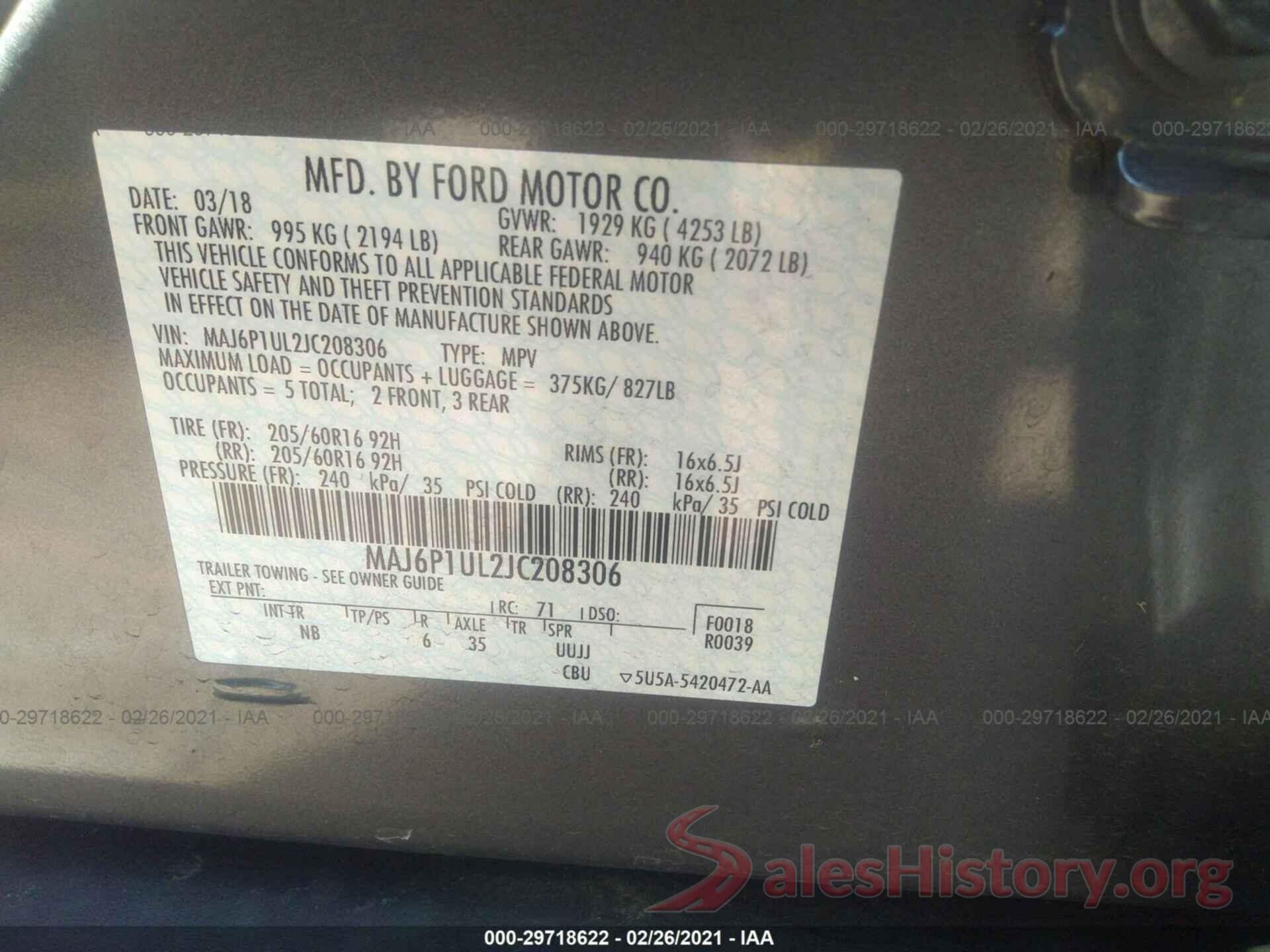 MAJ6P1UL2JC208306 2018 FORD ECOSPORT