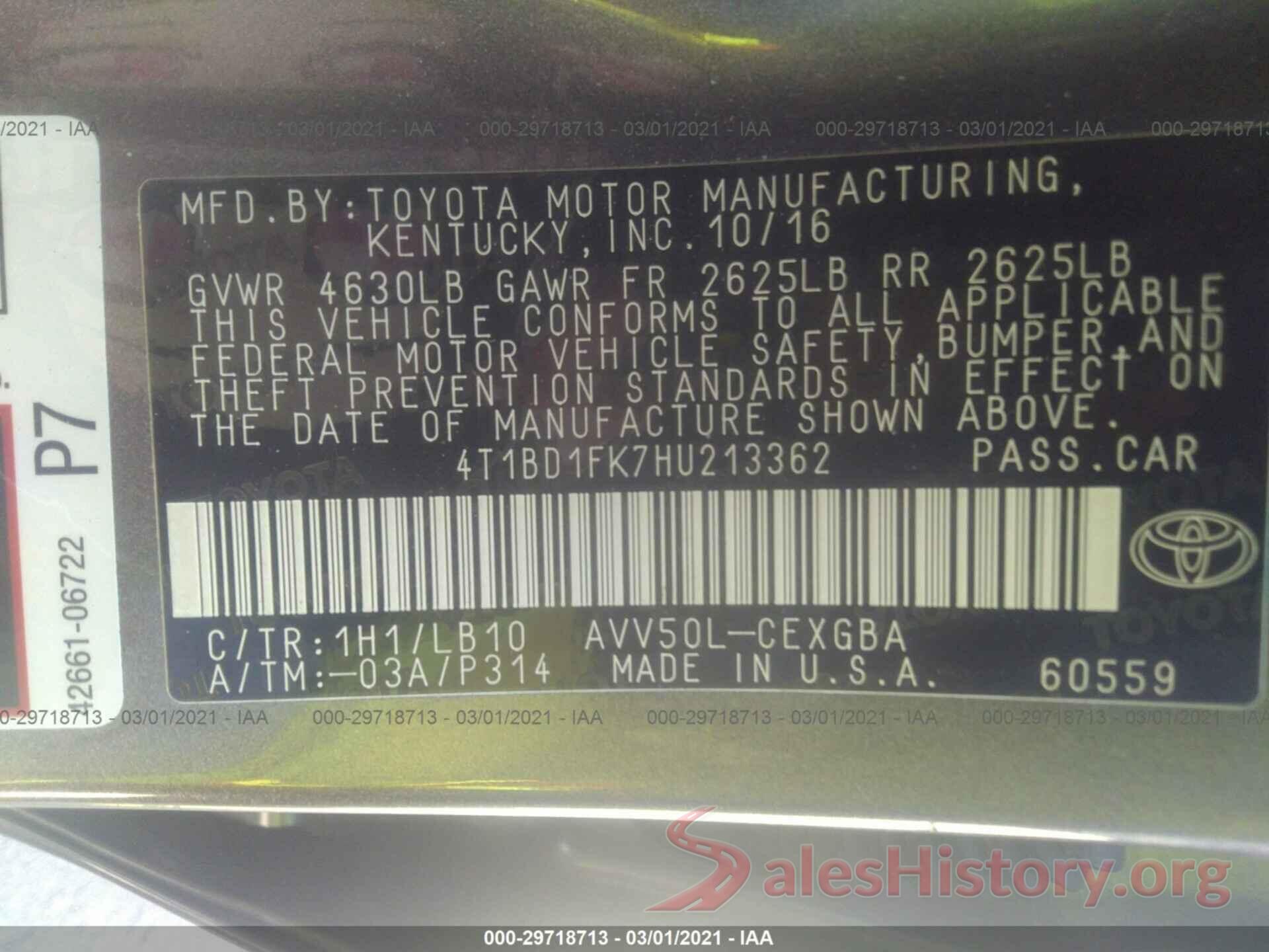 4T1BD1FK7HU213362 2017 TOYOTA CAMRY