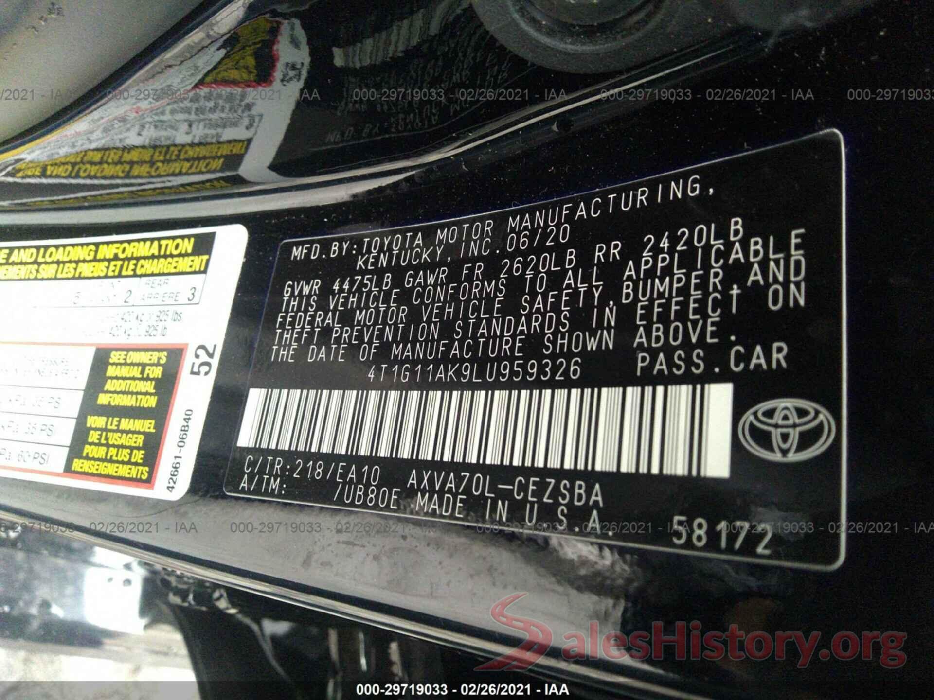 4T1G11AK9LU959326 2020 TOYOTA CAMRY