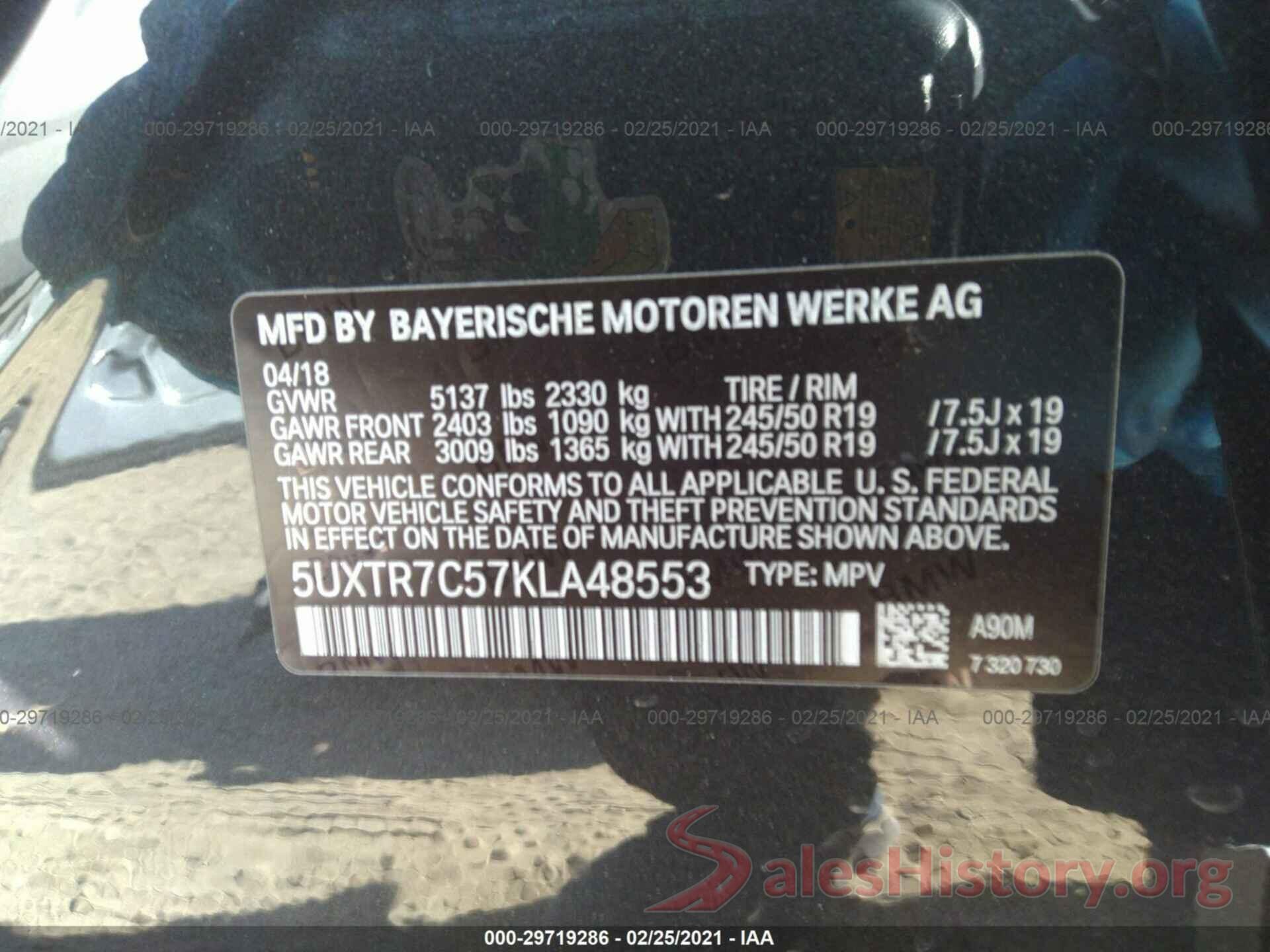 5UXTR7C57KLA48553 2019 BMW X3