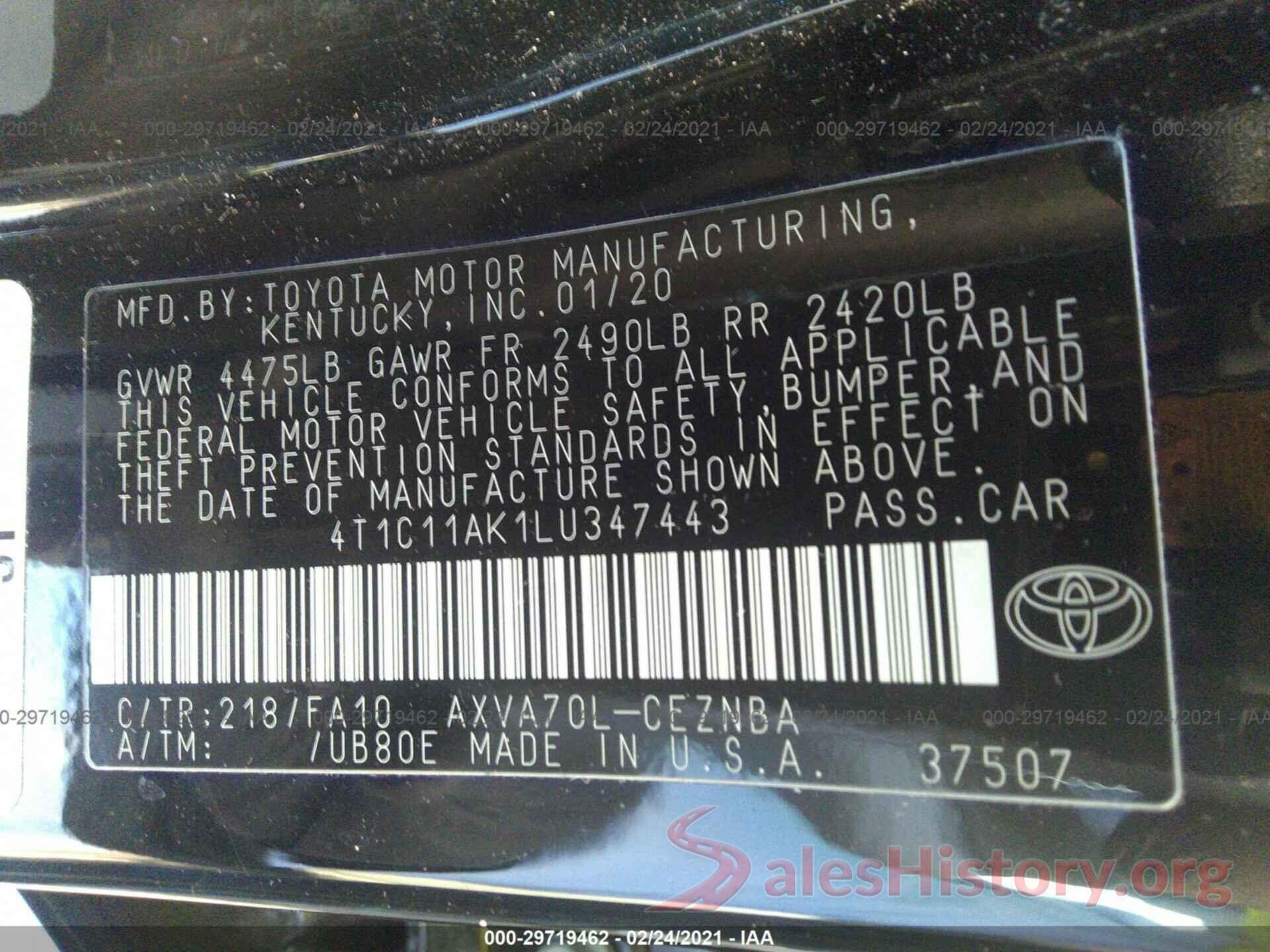 4T1C11AK1LU347443 2020 TOYOTA CAMRY