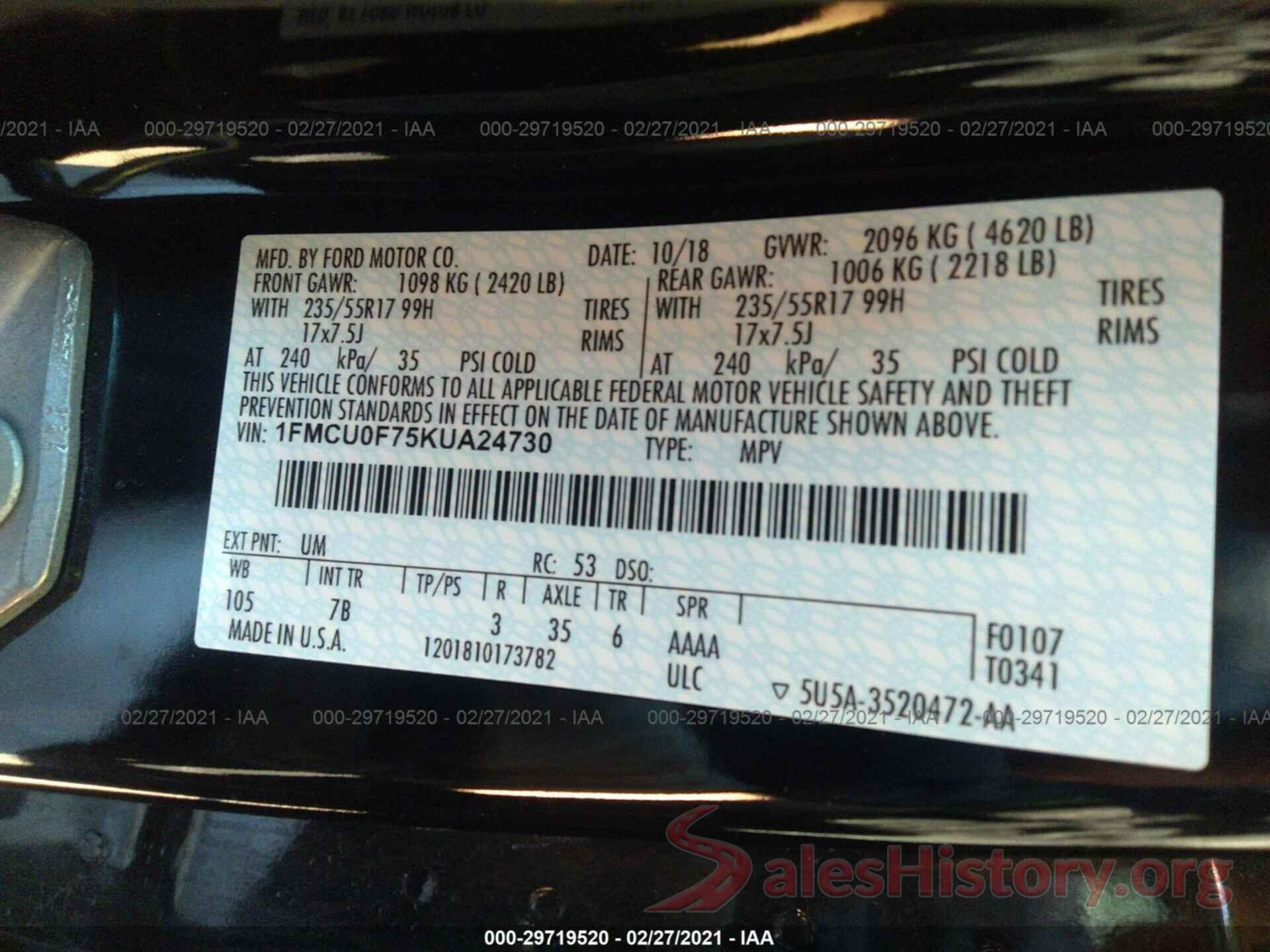 1FMCU0F75KUA24730 2019 FORD ESCAPE