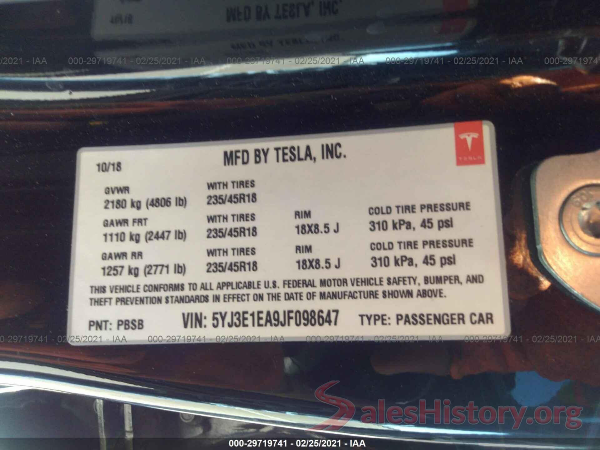 5YJ3E1EA9JF098647 2018 TESLA MODEL 3