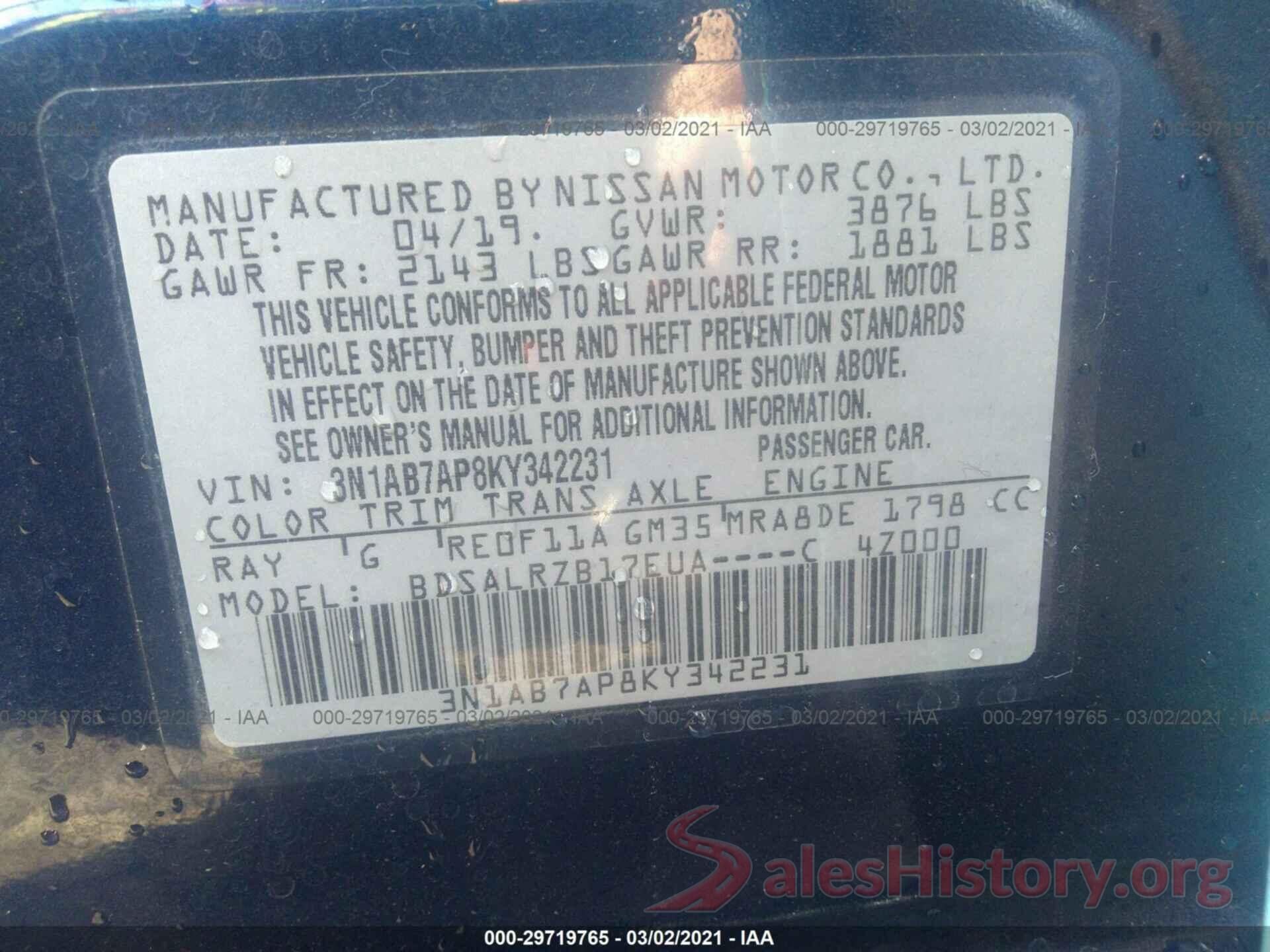 3N1AB7AP8KY342231 2019 NISSAN SENTRA