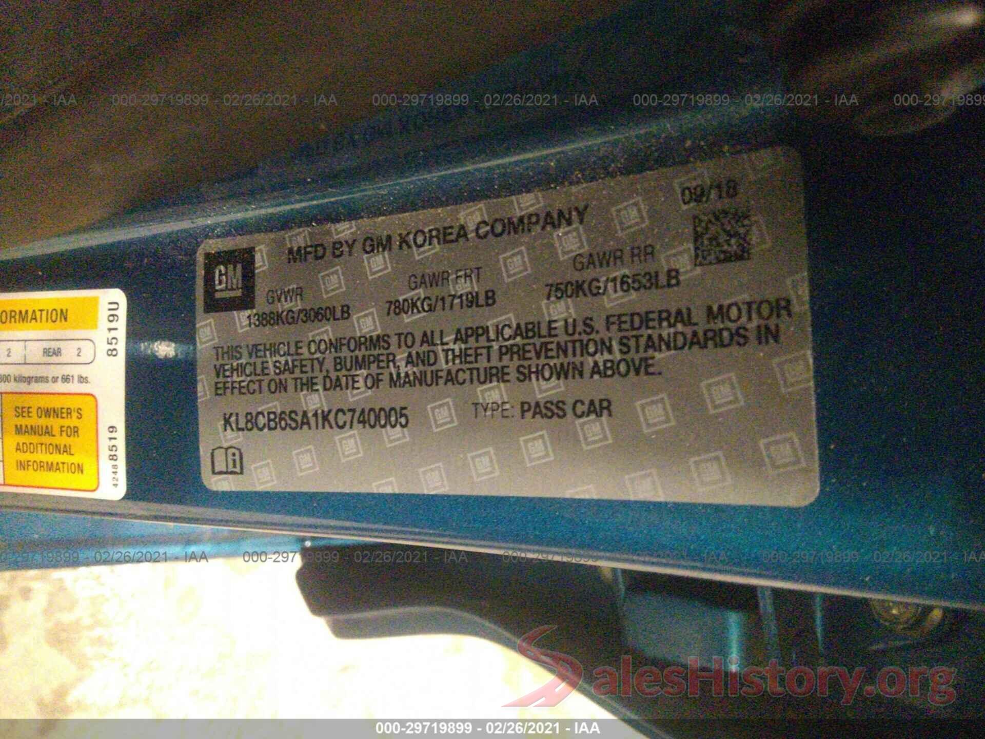 KL8CB6SA1KC740005 2019 CHEVROLET SPARK