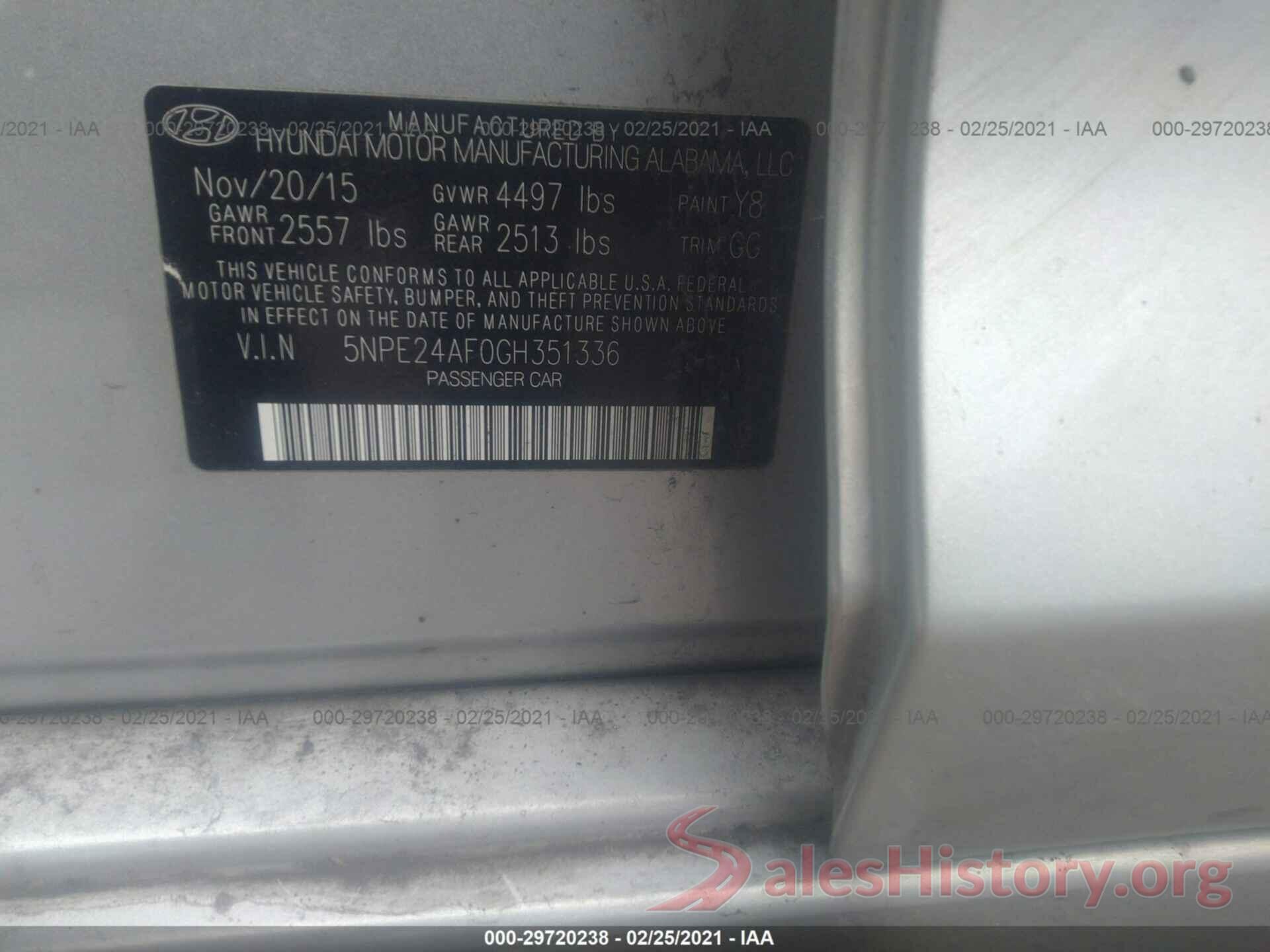 5NPE24AF0GH351336 2016 HYUNDAI SONATA