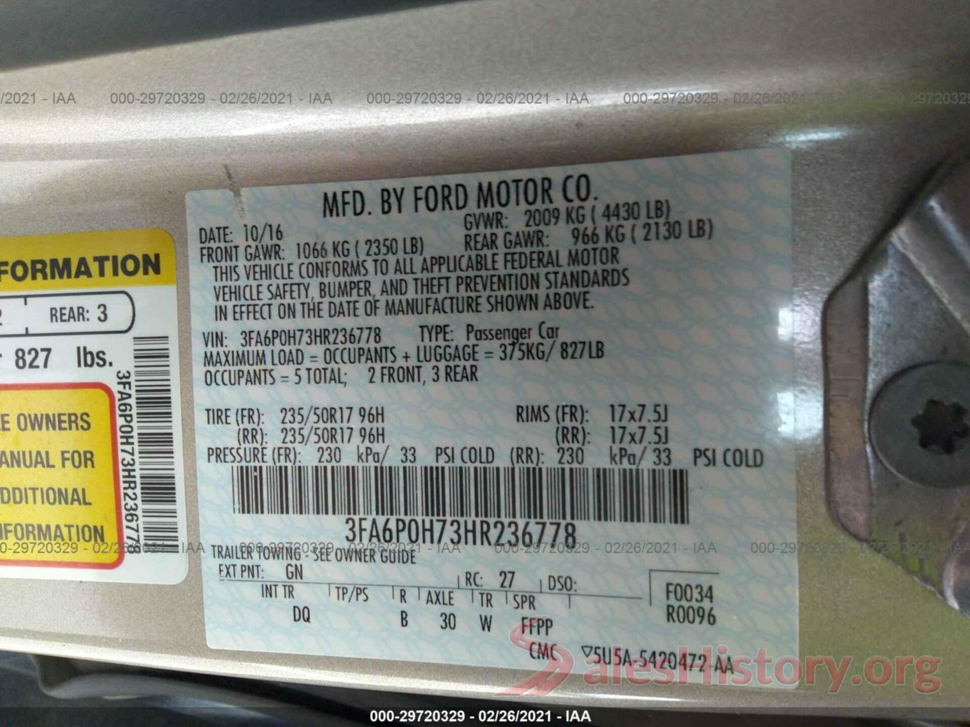 3FA6P0H73HR236778 2017 FORD FUSION