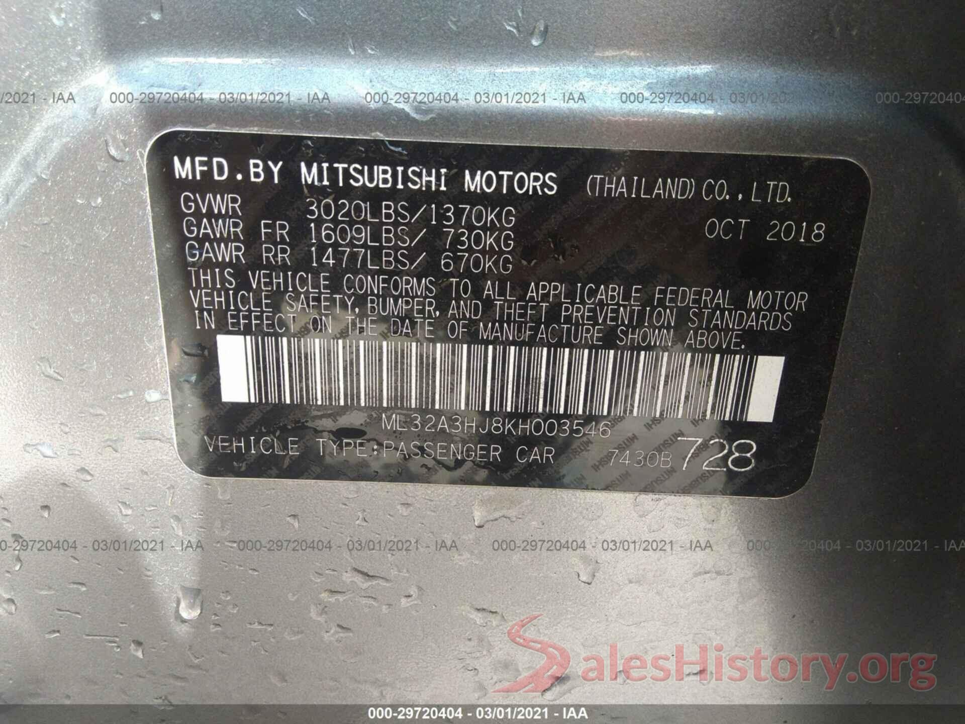 ML32A3HJ8KH003546 2019 MITSUBISHI MIRAGE