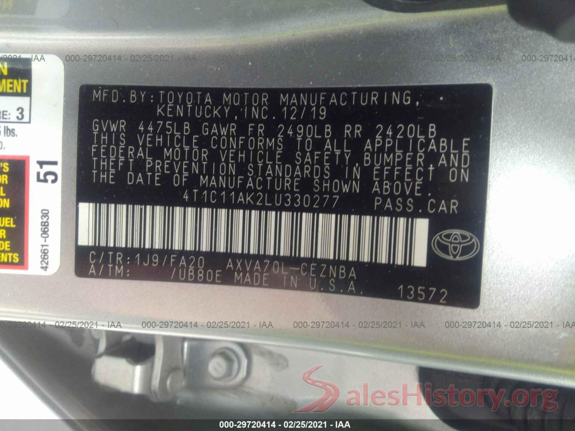 4T1C11AK2LU330277 2020 TOYOTA CAMRY