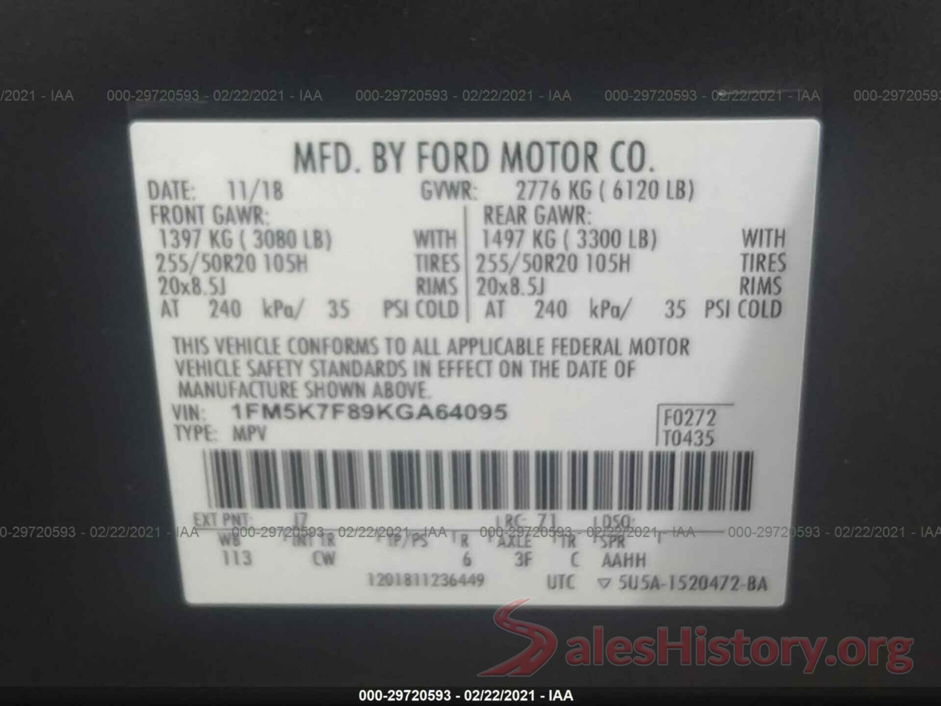 1FM5K7F89KGA64095 2019 FORD EXPLORER