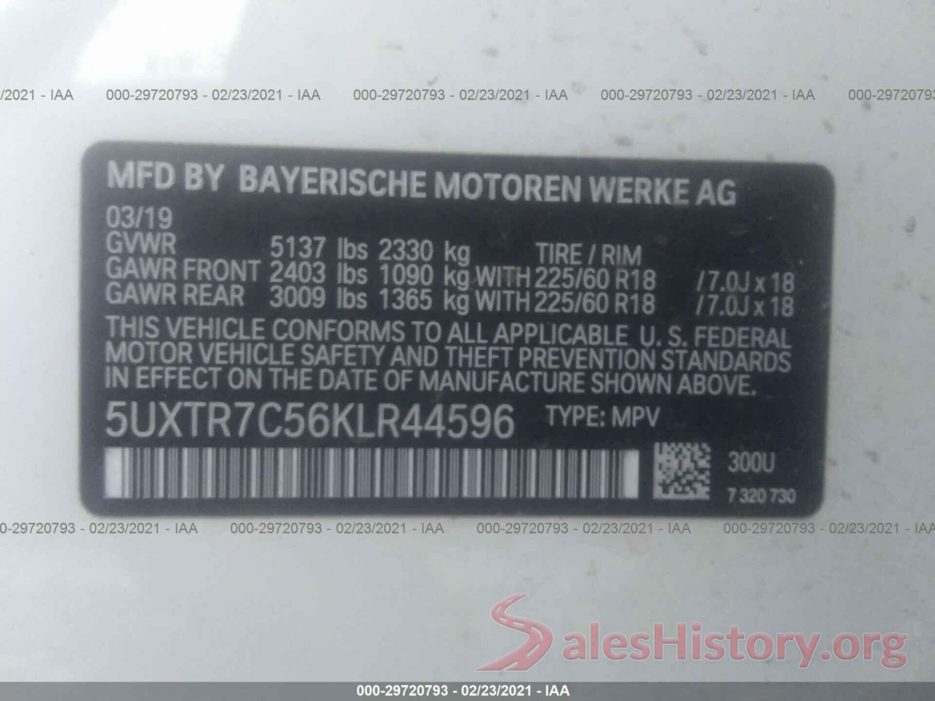 5UXTR7C56KLR44596 2019 BMW X3