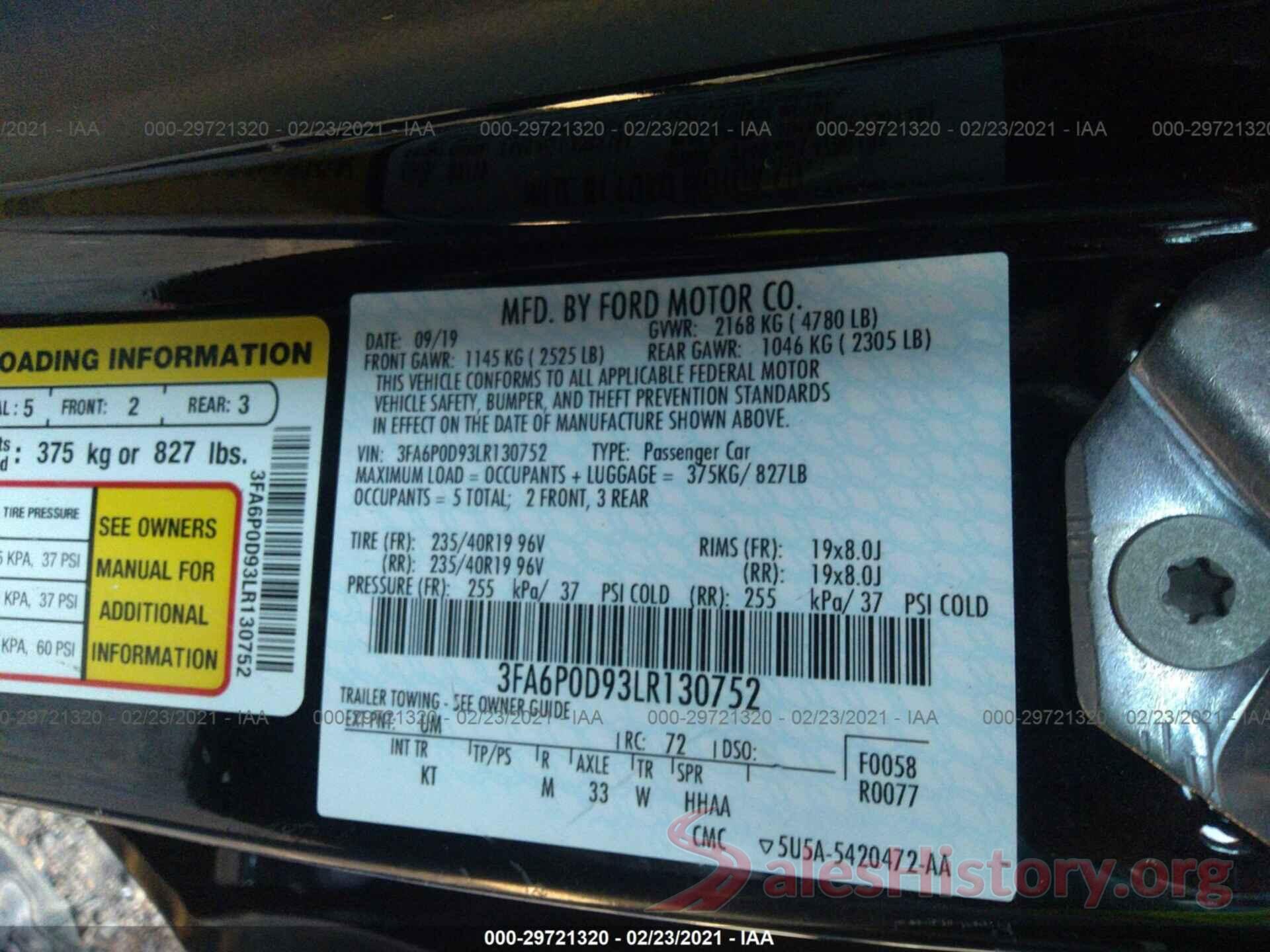 3FA6P0D93LR130752 2020 FORD FUSION