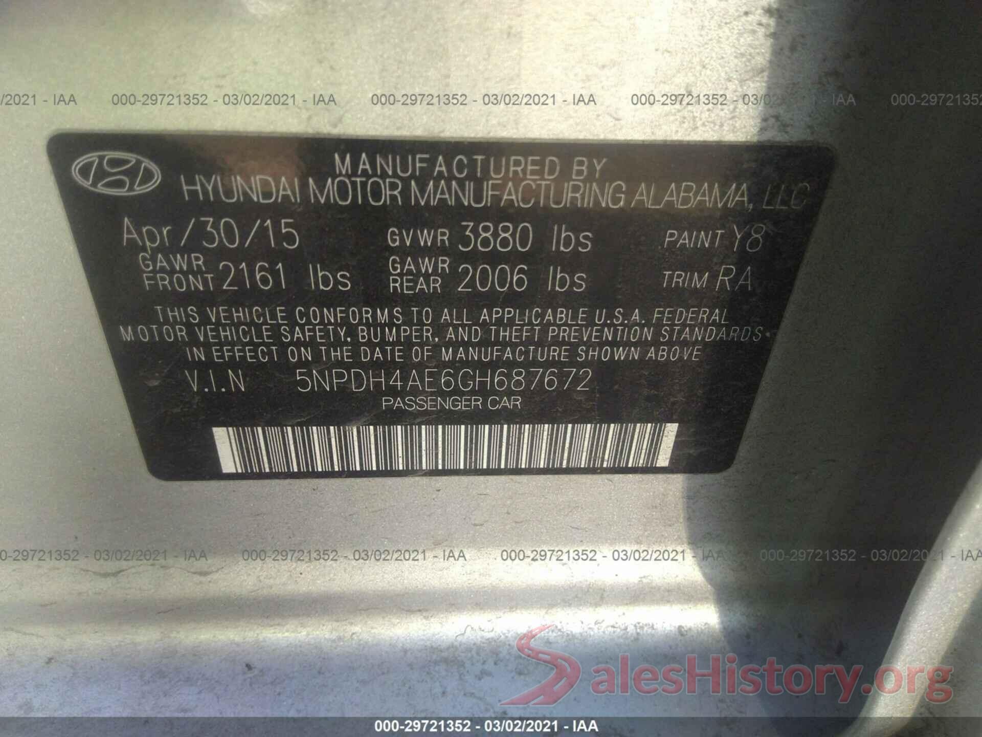 5NPDH4AE6GH687672 2016 HYUNDAI ELANTRA