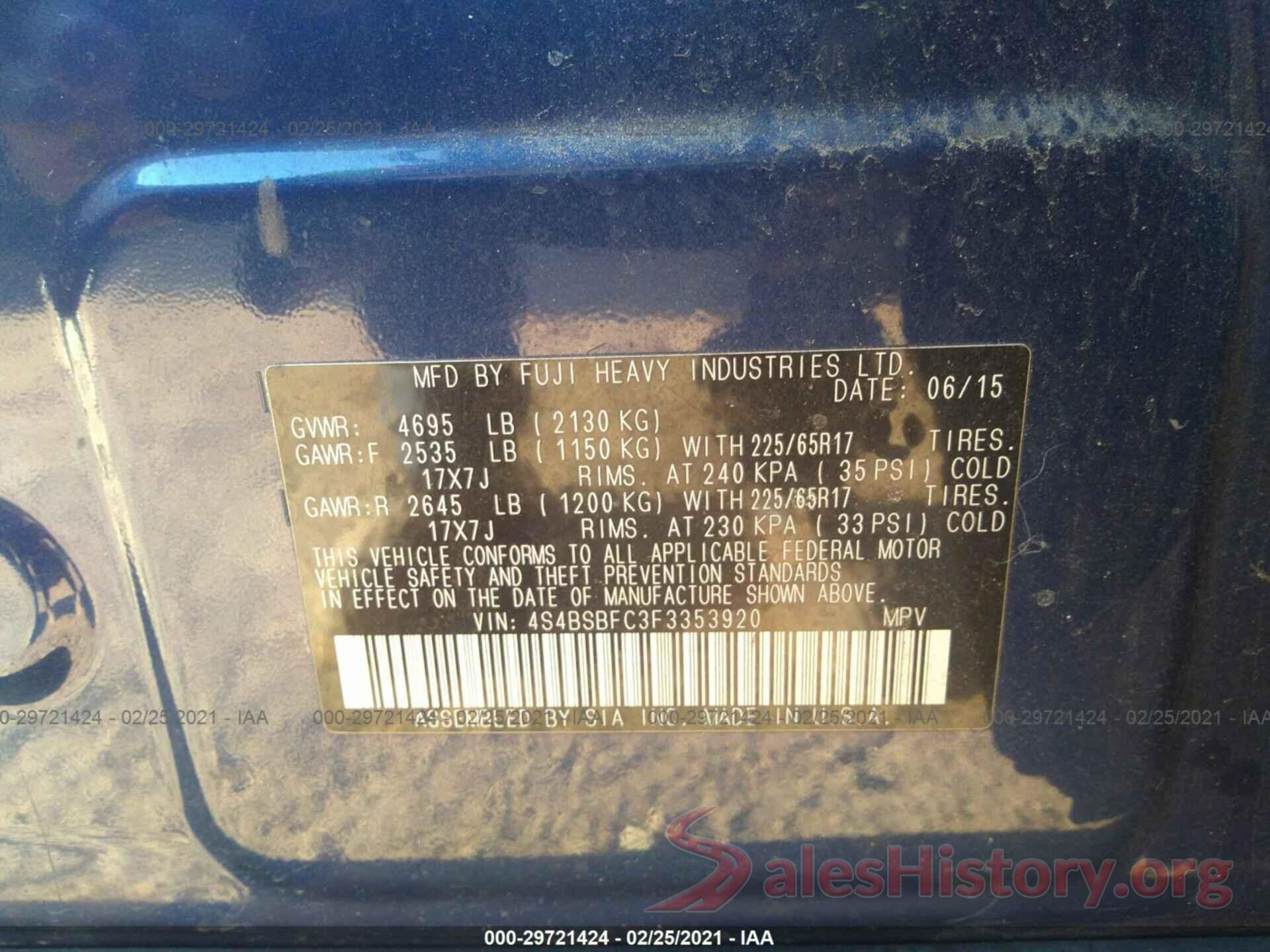 4S4BSBFC3F3353920 2015 SUBARU OUTBACK