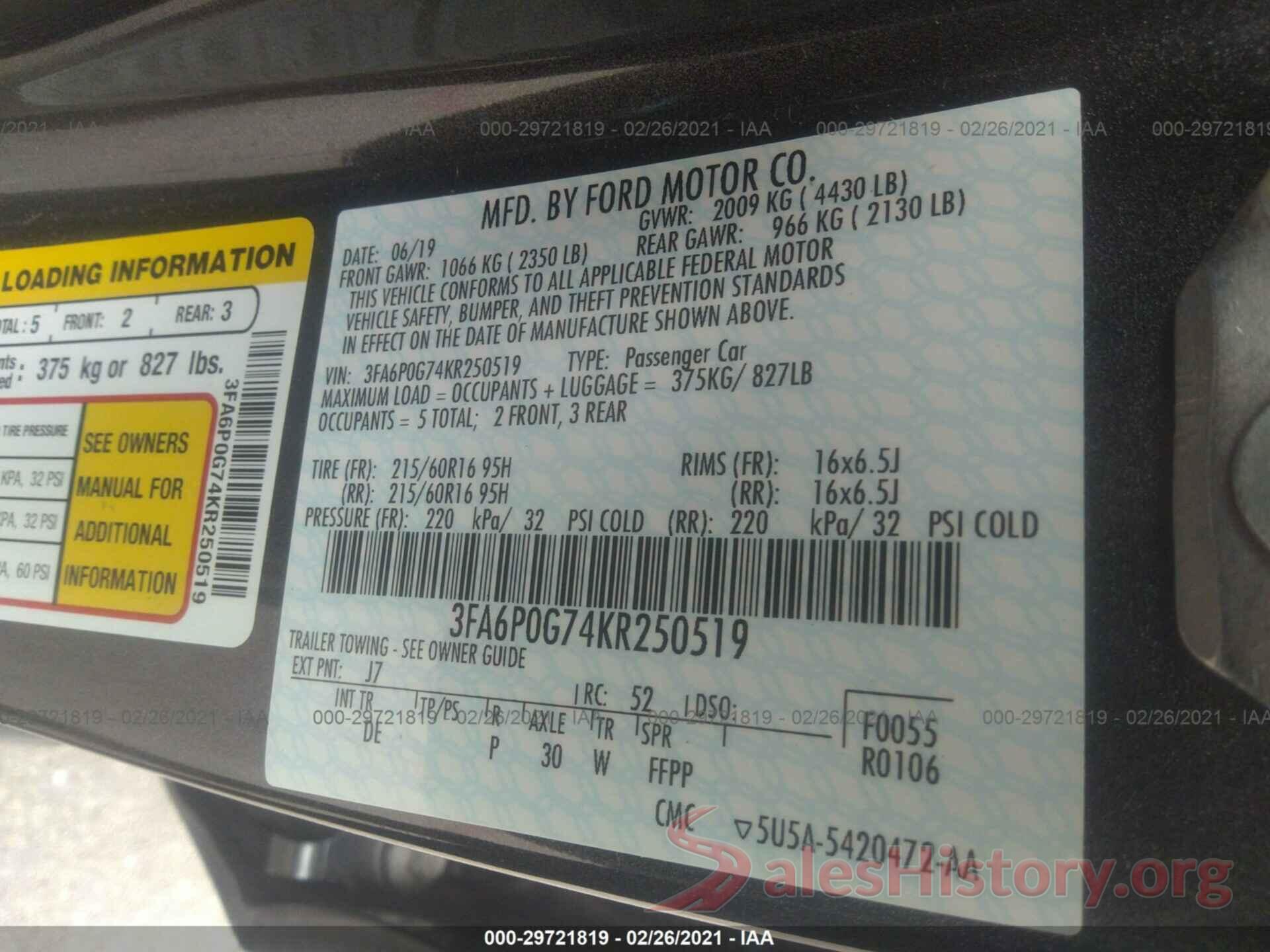 3FA6P0G74KR250519 2019 FORD FUSION