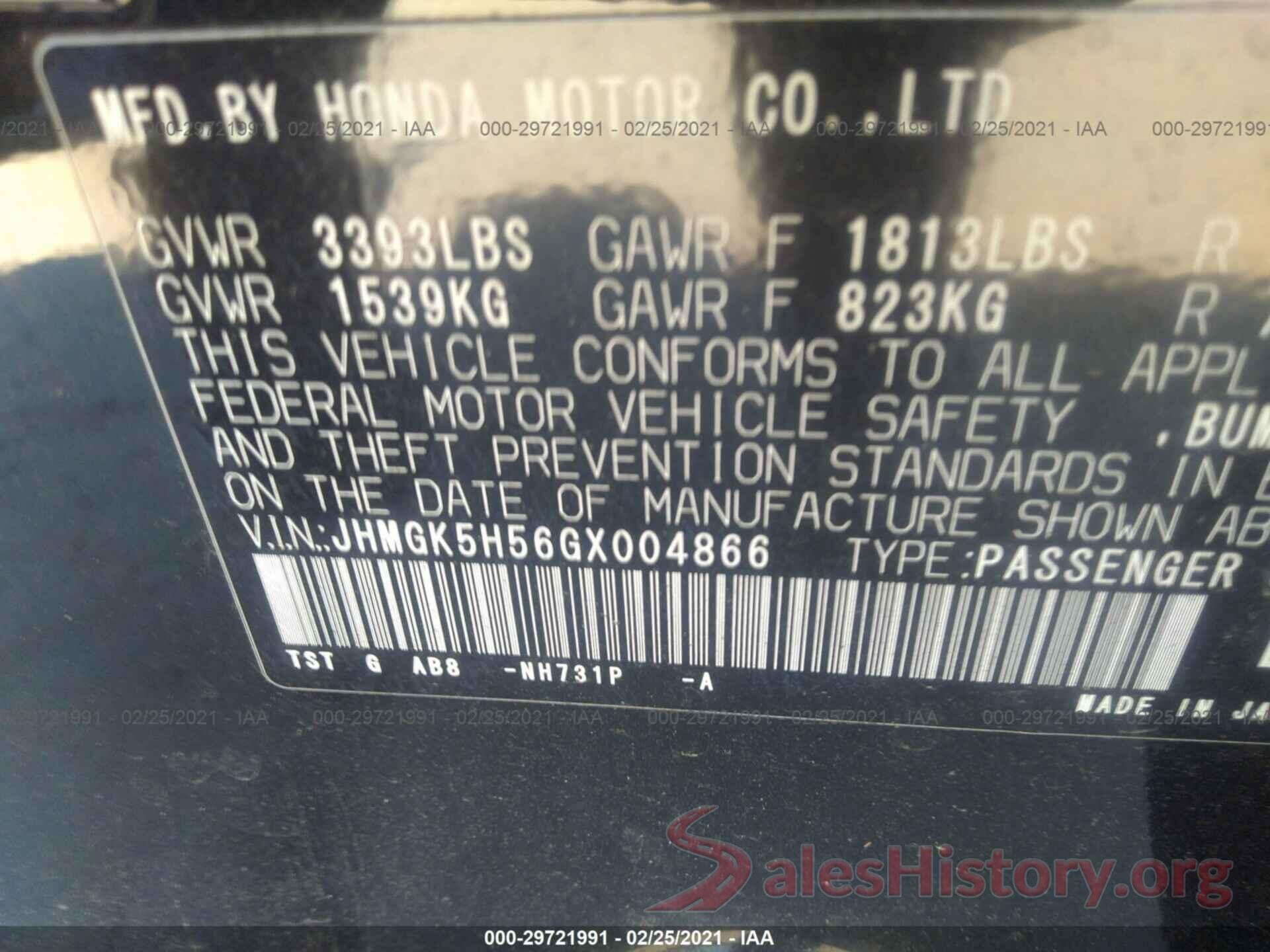 JHMGK5H56GX004866 2016 HONDA FIT