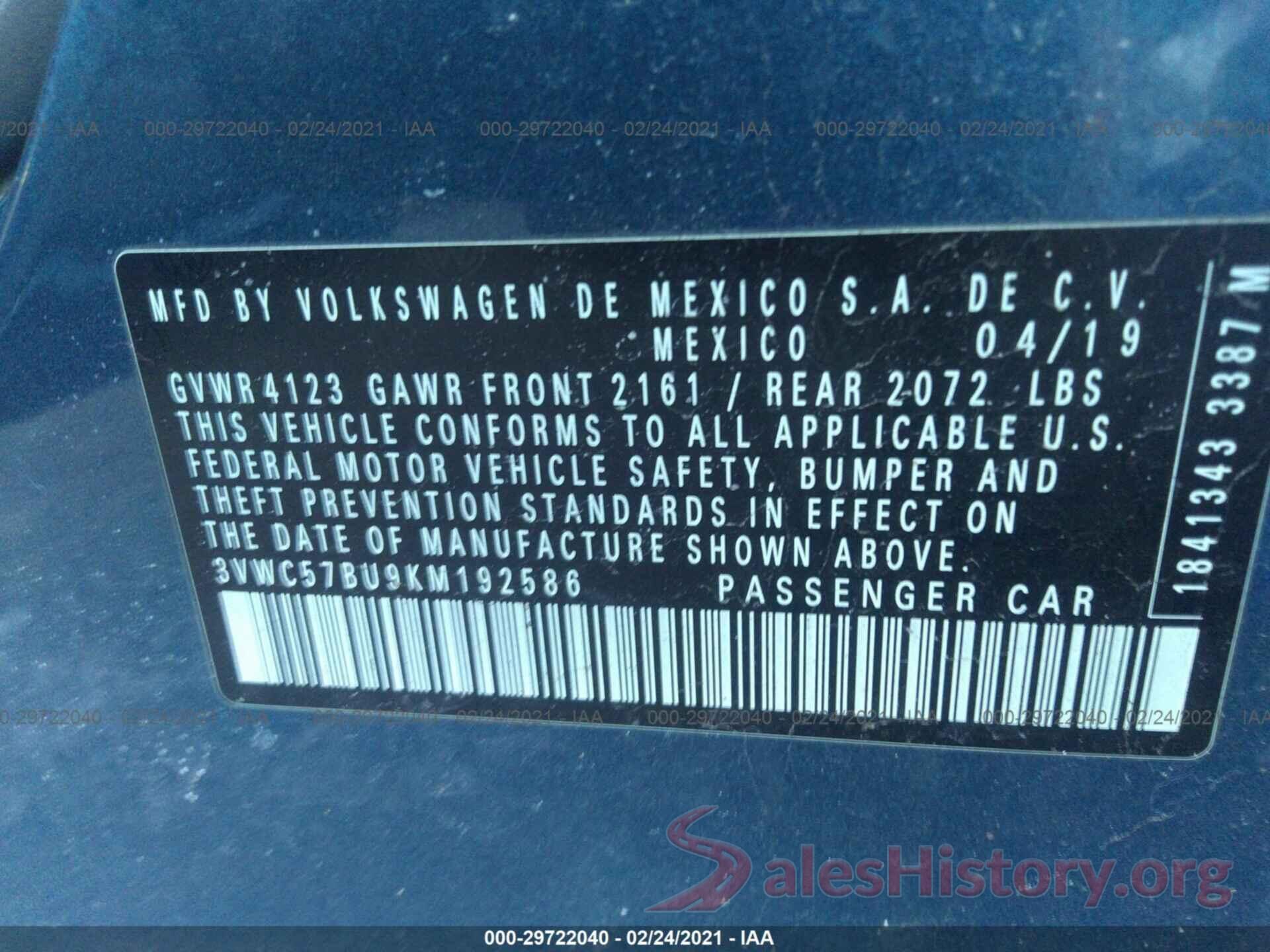 3VWC57BU9KM192586 2019 VOLKSWAGEN JETTA